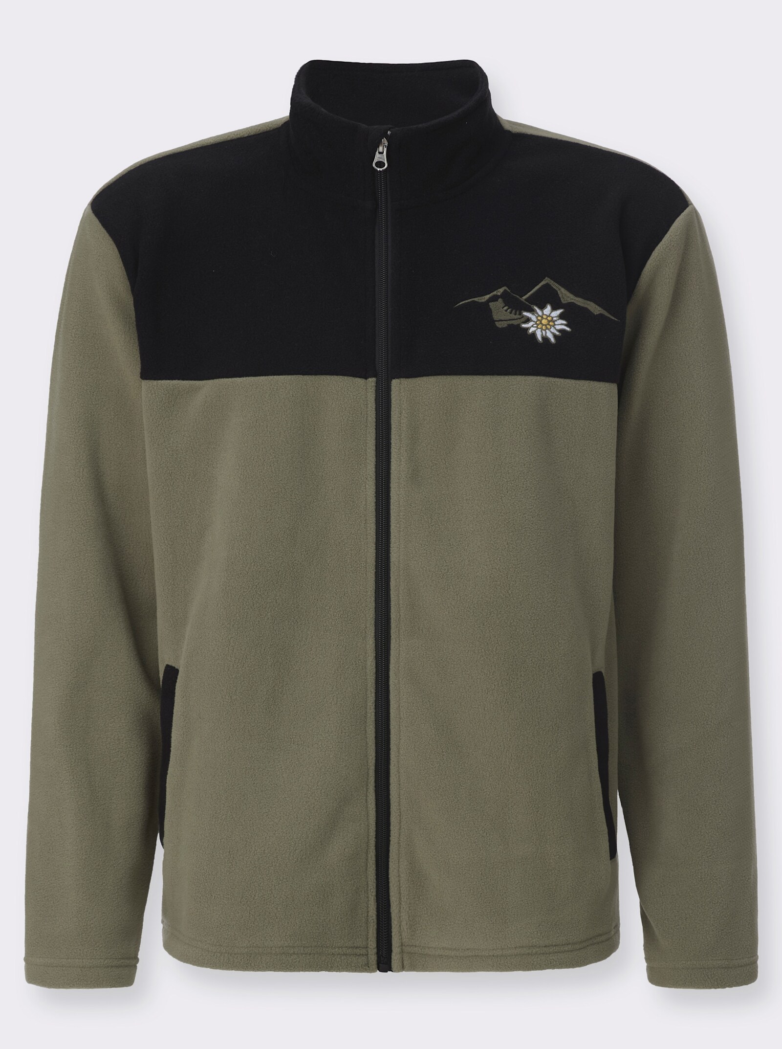 Fleecejacke mit Edelweiß-Stickerei - schwarz-khaki