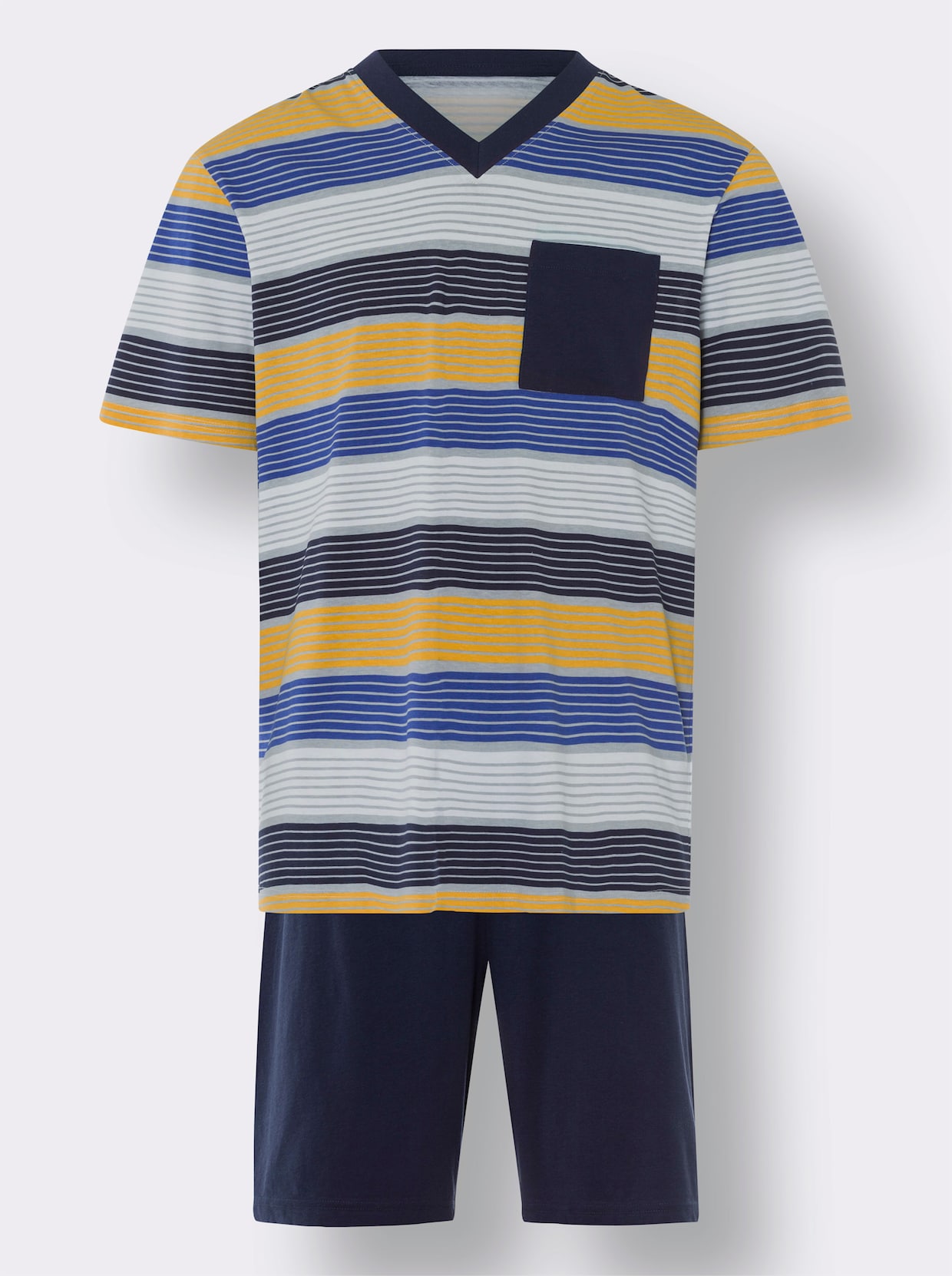 Kortärmad pyjamas - kungsblå-ockra-randig