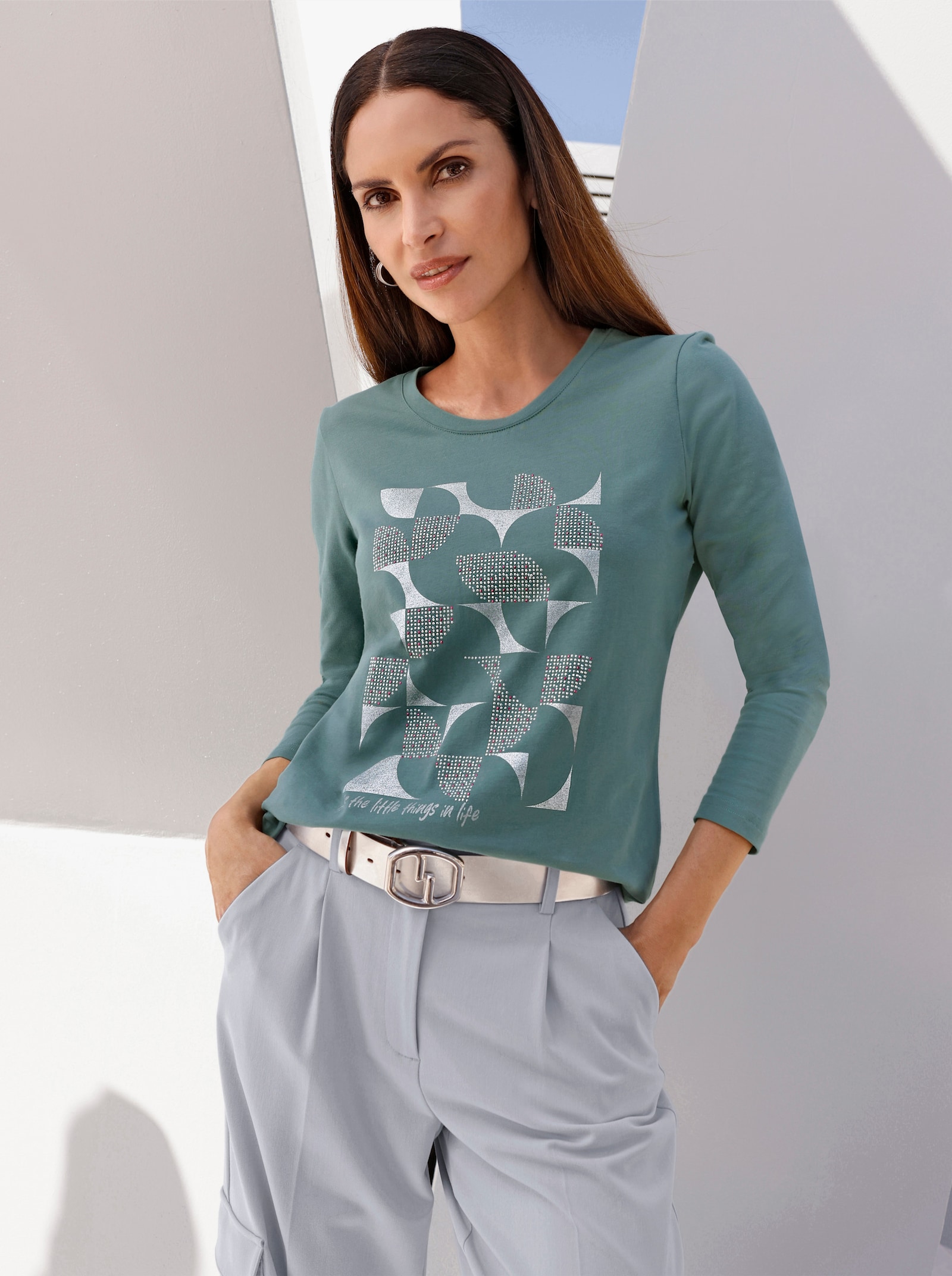 Langarmshirt mit Druck und Glitzersteinchen - jade