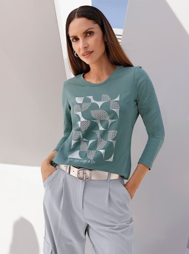 Langarmshirt mit Druck und Glitzersteinchen - jade