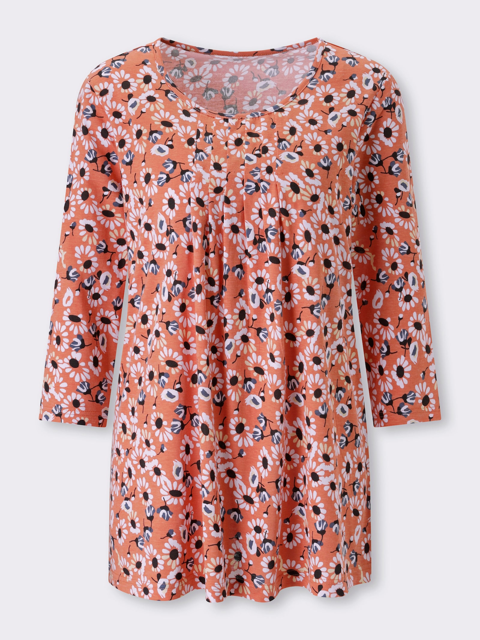 Longshirt im Blüten-Dessin - papaya-schwarz-bedruckt