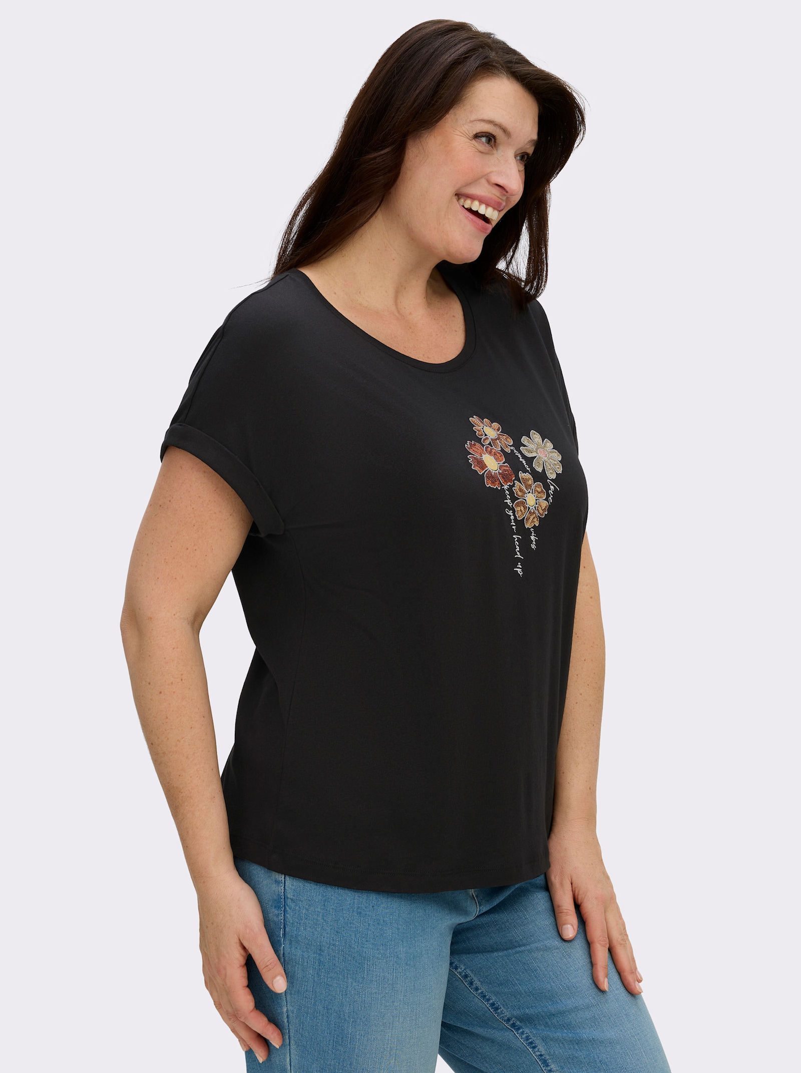 Rundhalsshirt mit Pailletten-Blüten - schwarz