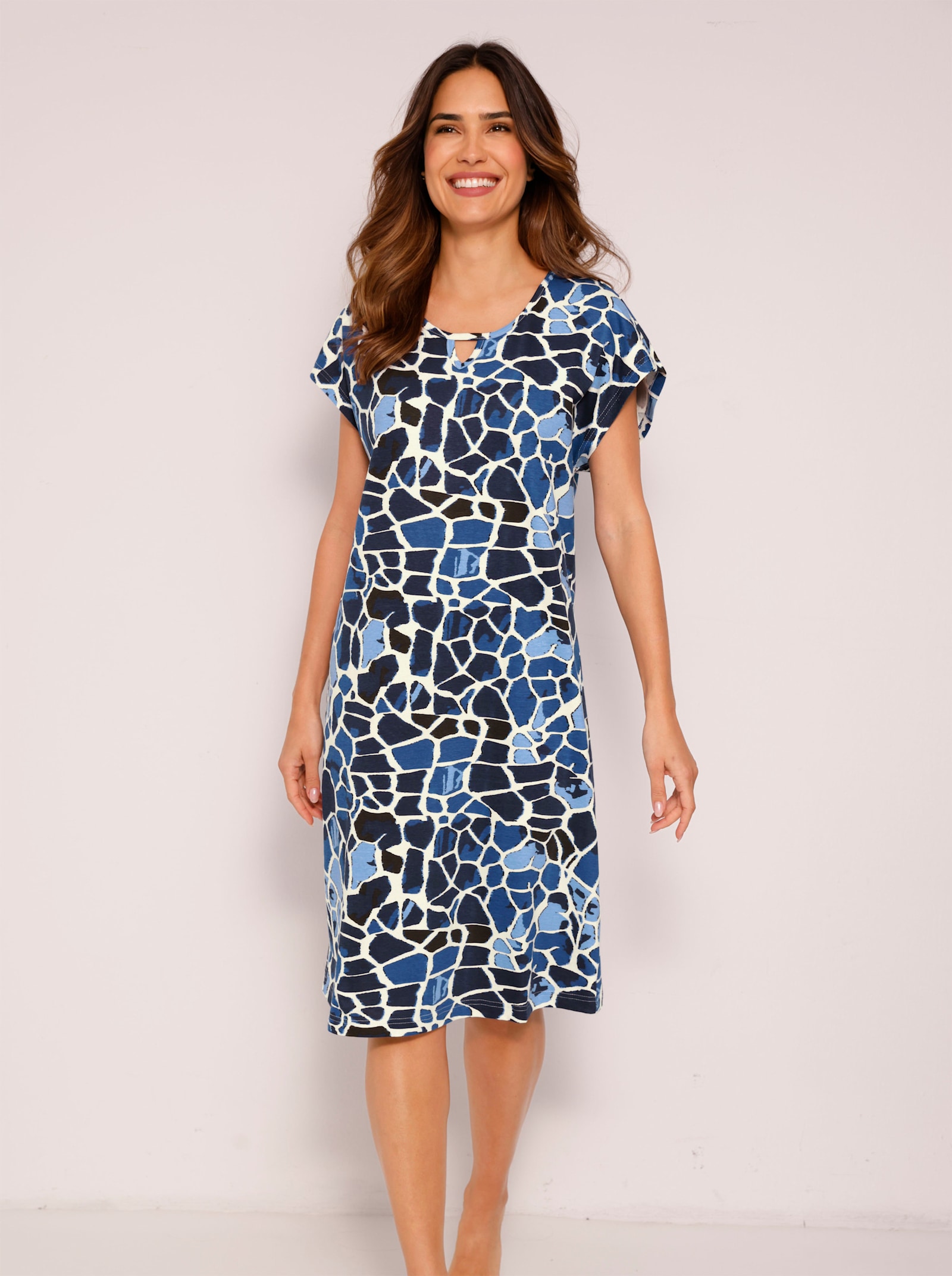 Sommerkleid in A-Form - champagner-marine-bedruckt