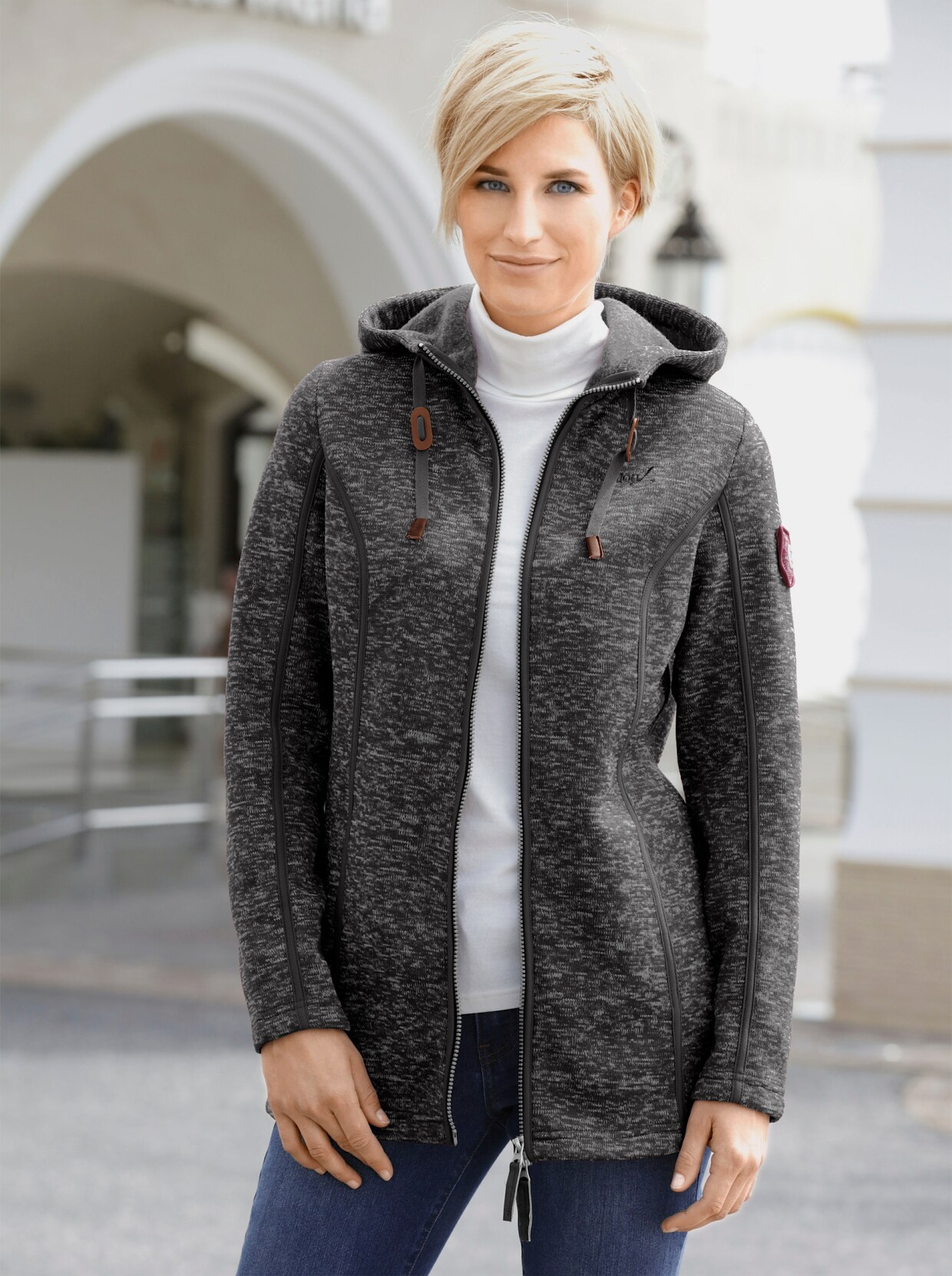 Kapuzenfleecejacke - schwarz-meliert