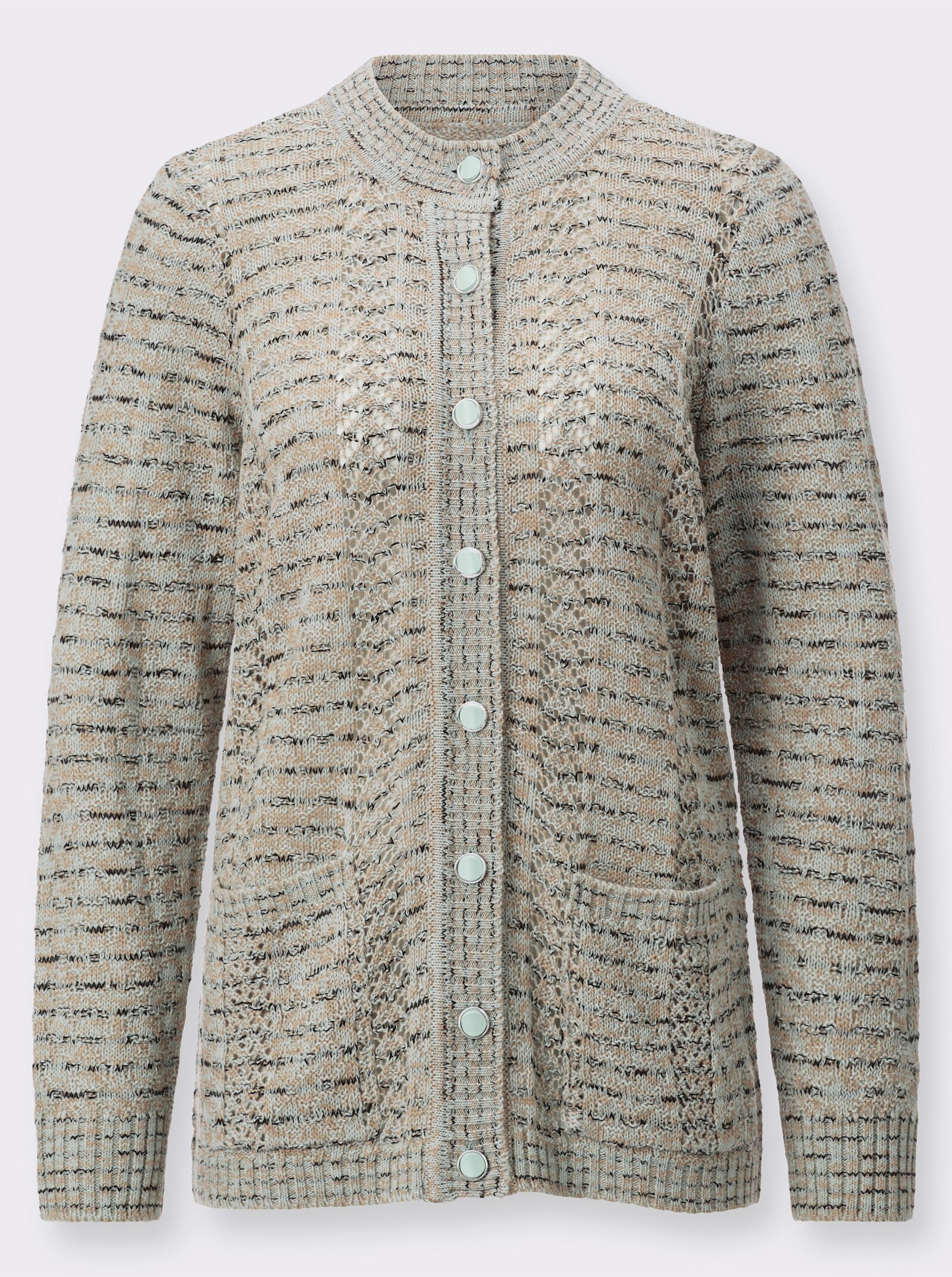 Ajourstrickjacke mit Schmuckknöpfen - kalkmint-meliert