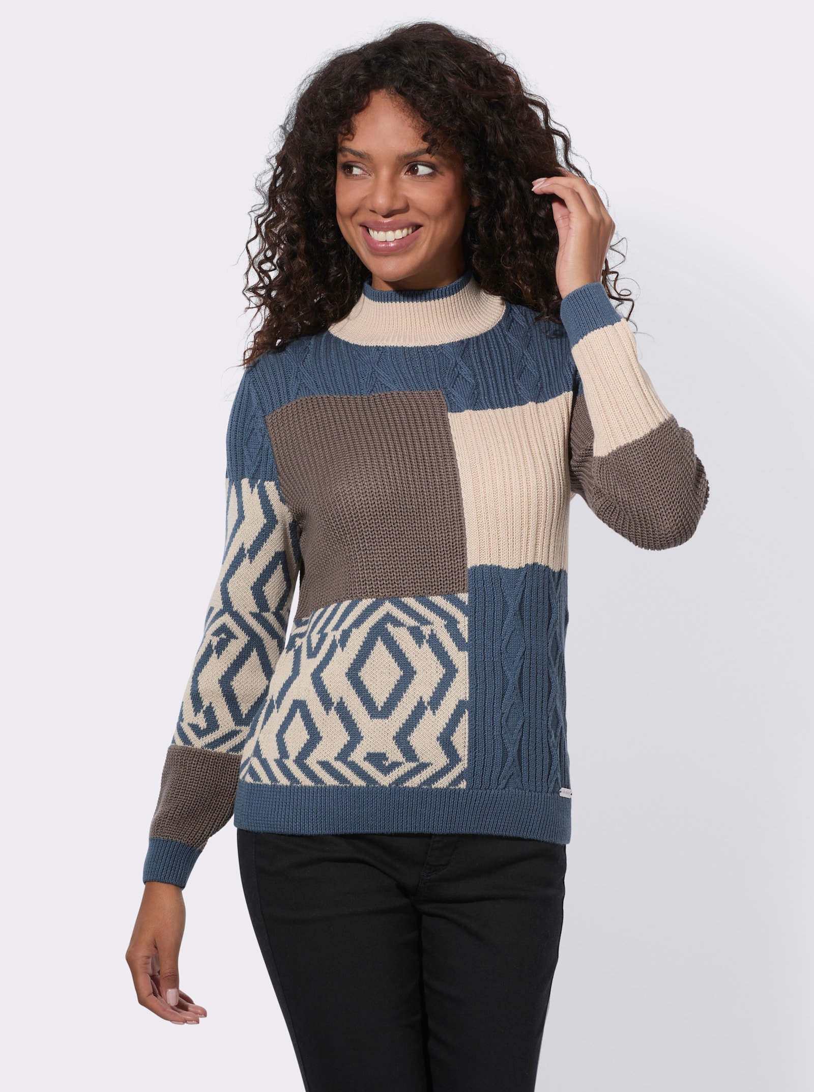  Stehkragenpullover in Patchwork-Optik - elfenbein-rauchblau-gemustert