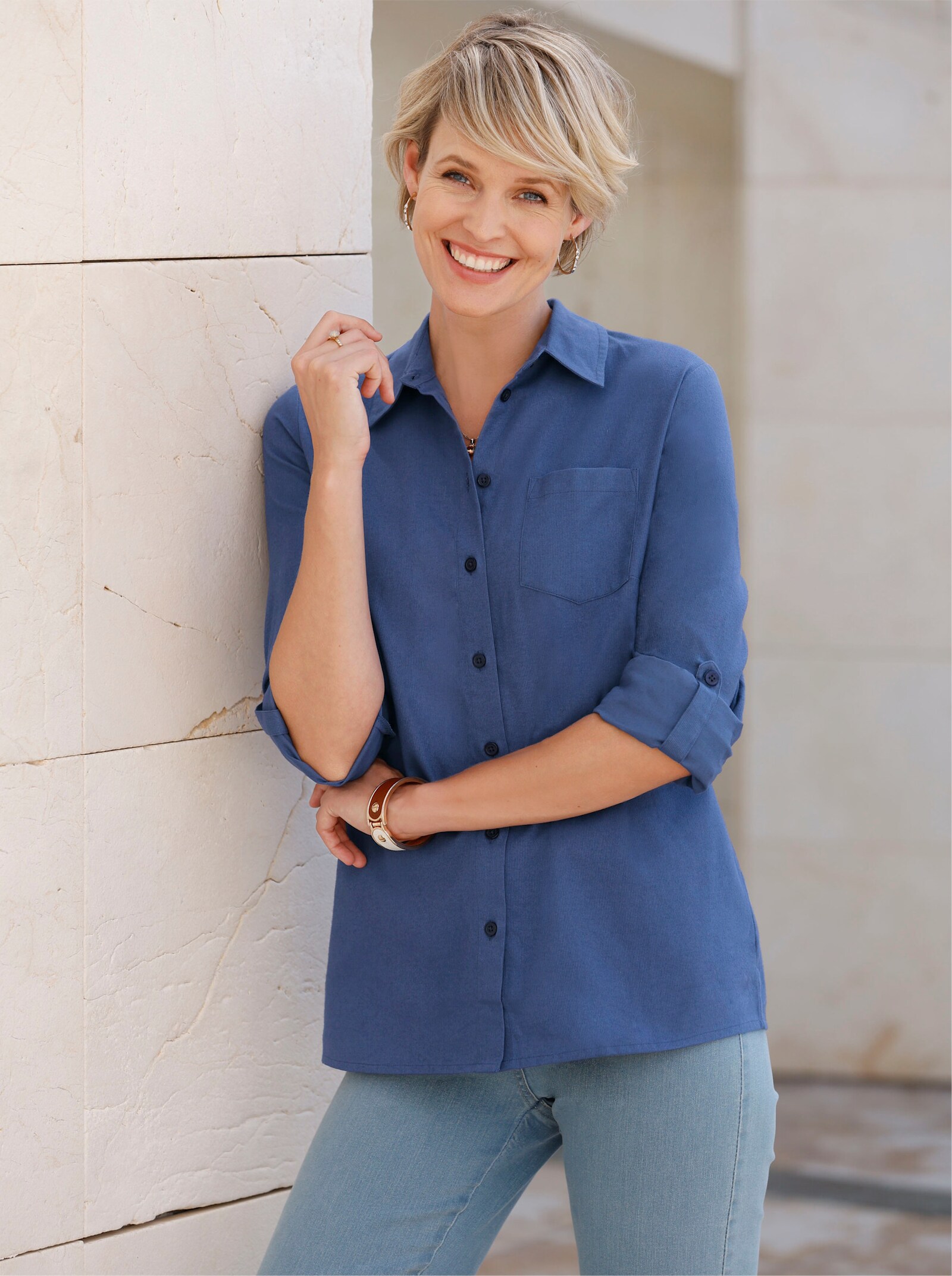 Košilová halenka z kordu - džínová modrá