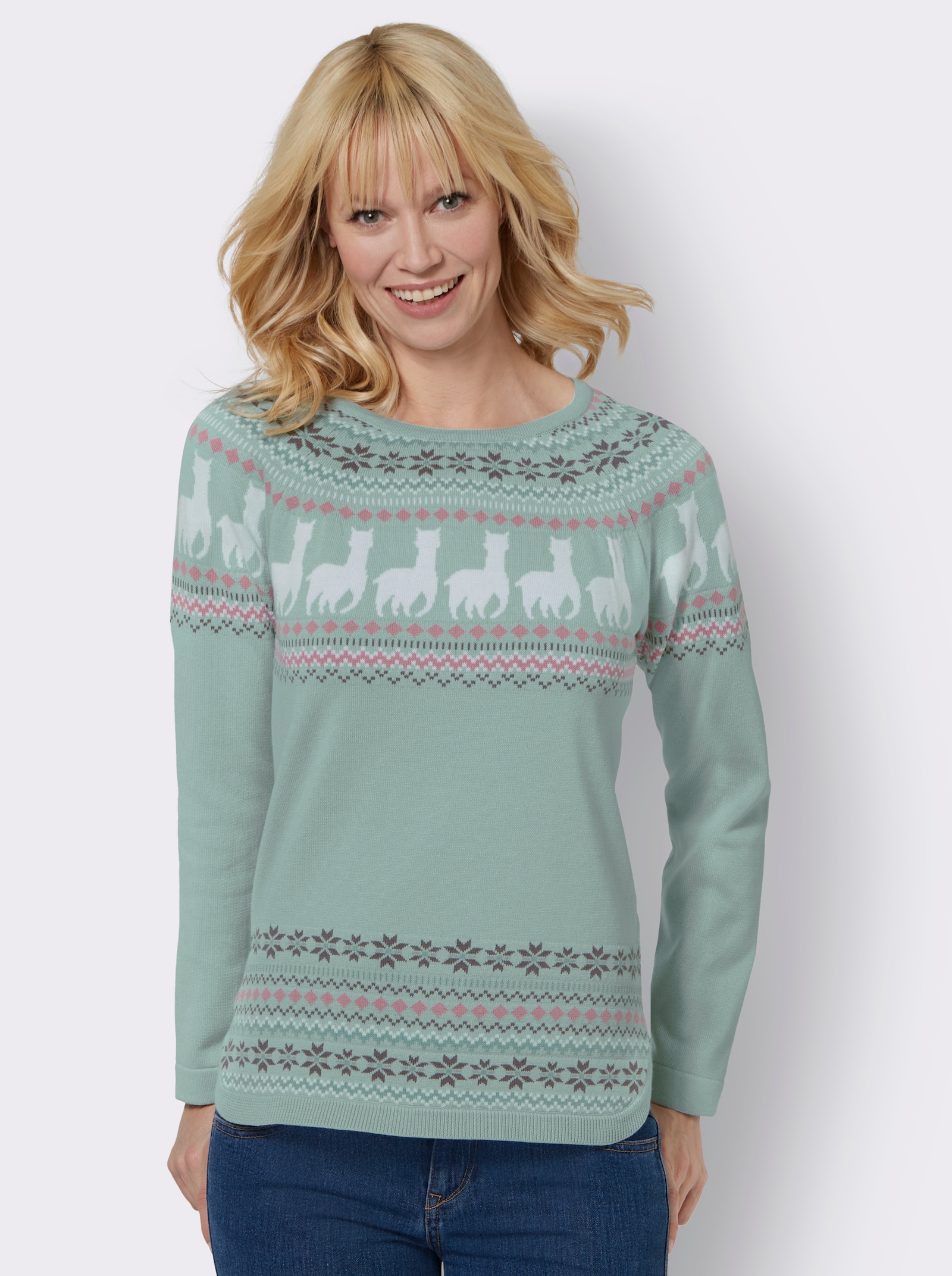 Pull à manches longues avec motif alpaga - vert menthe-écru à motifs