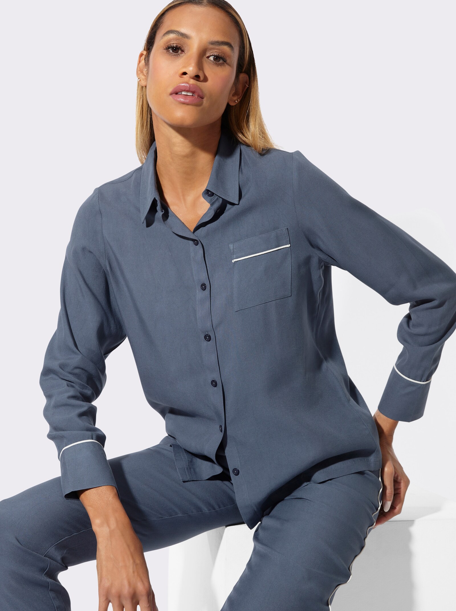 wäschepur Pyjama mit Brusttasche - rauchblau-ecru