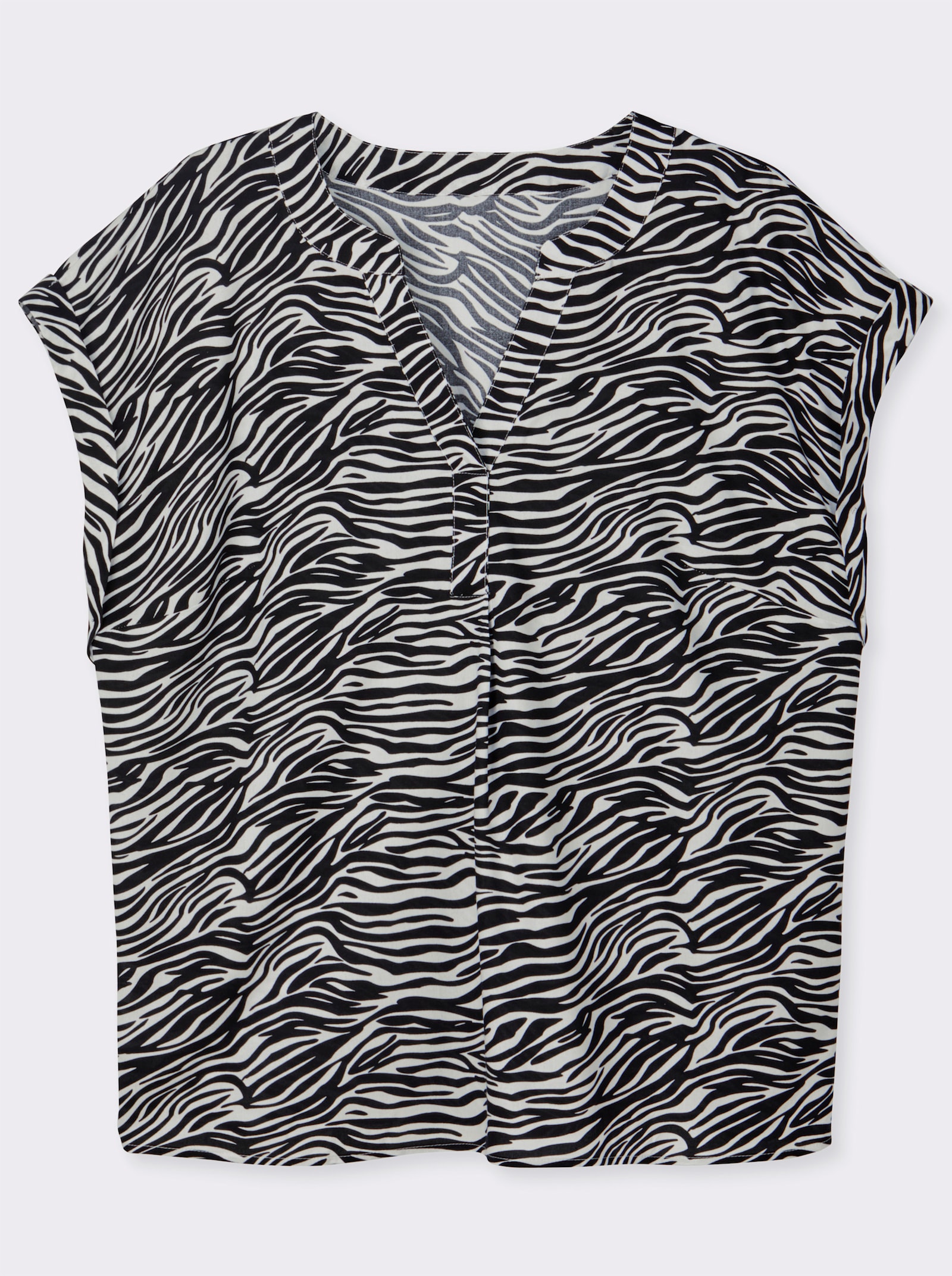 Schlupf-Bluse mit überschnittenen Schultern - schwarz-weiß-bedruckt