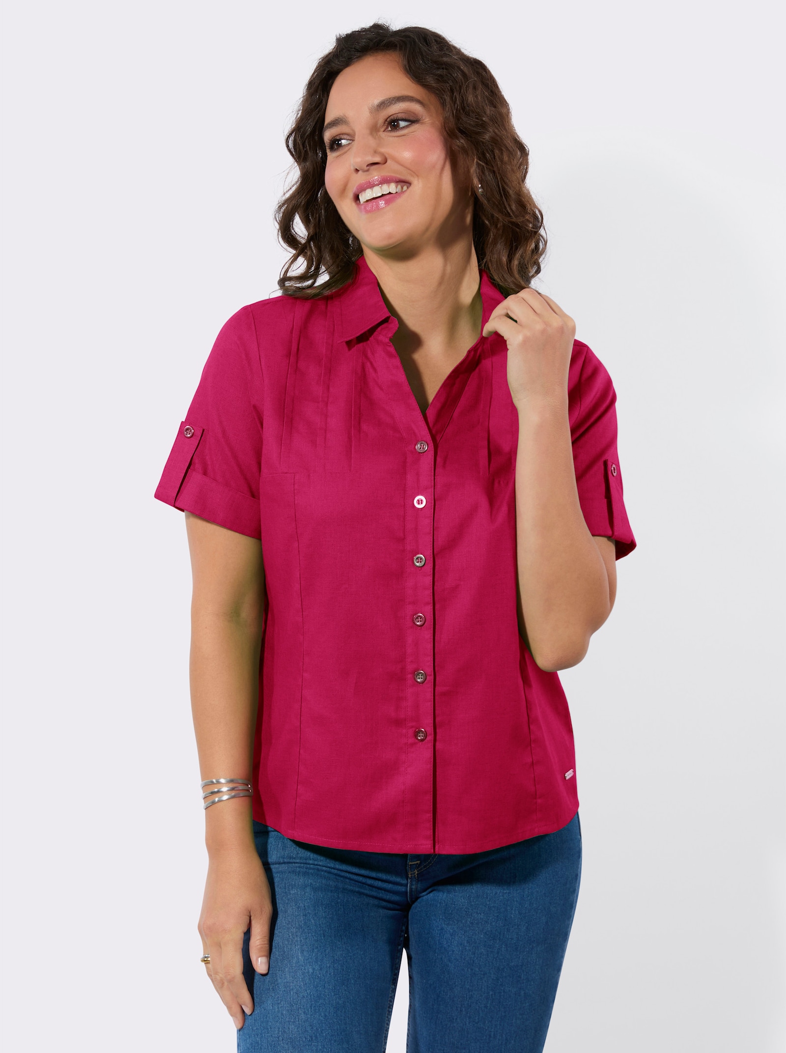 Kurzarm-Bluse im Baumwoll-Leinen-Mix - pink