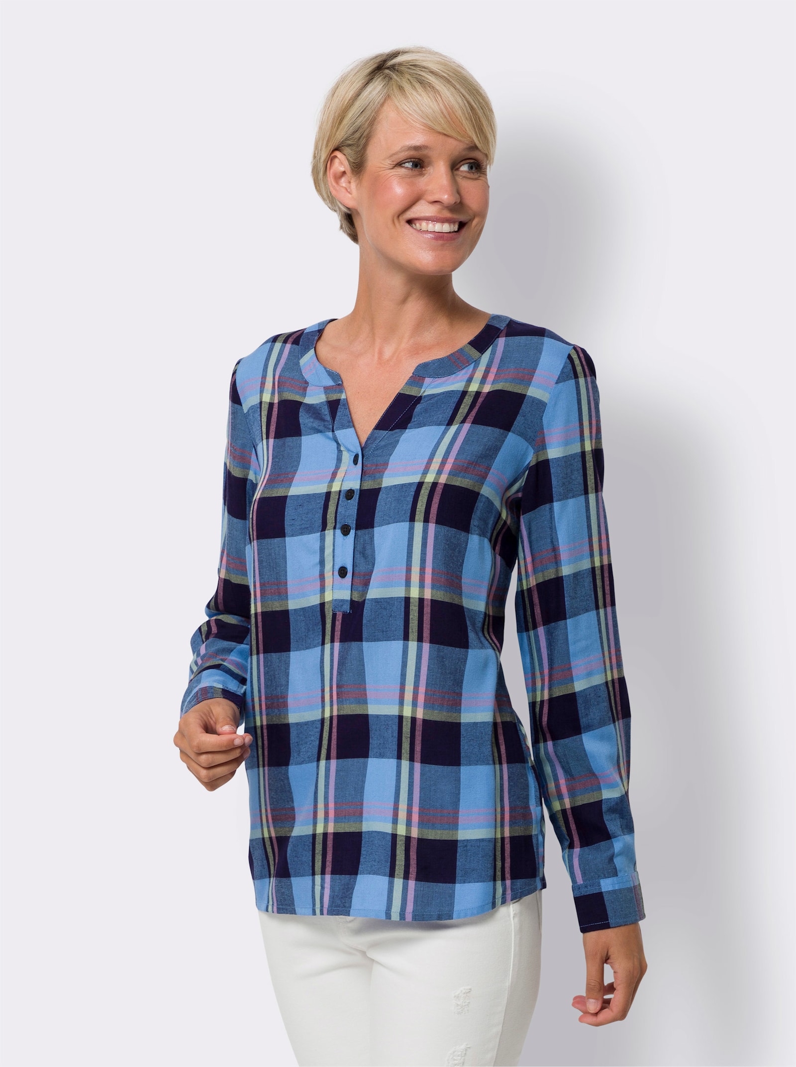 Geruite blouse van pure viscose - hemelsblauw/marine geruit