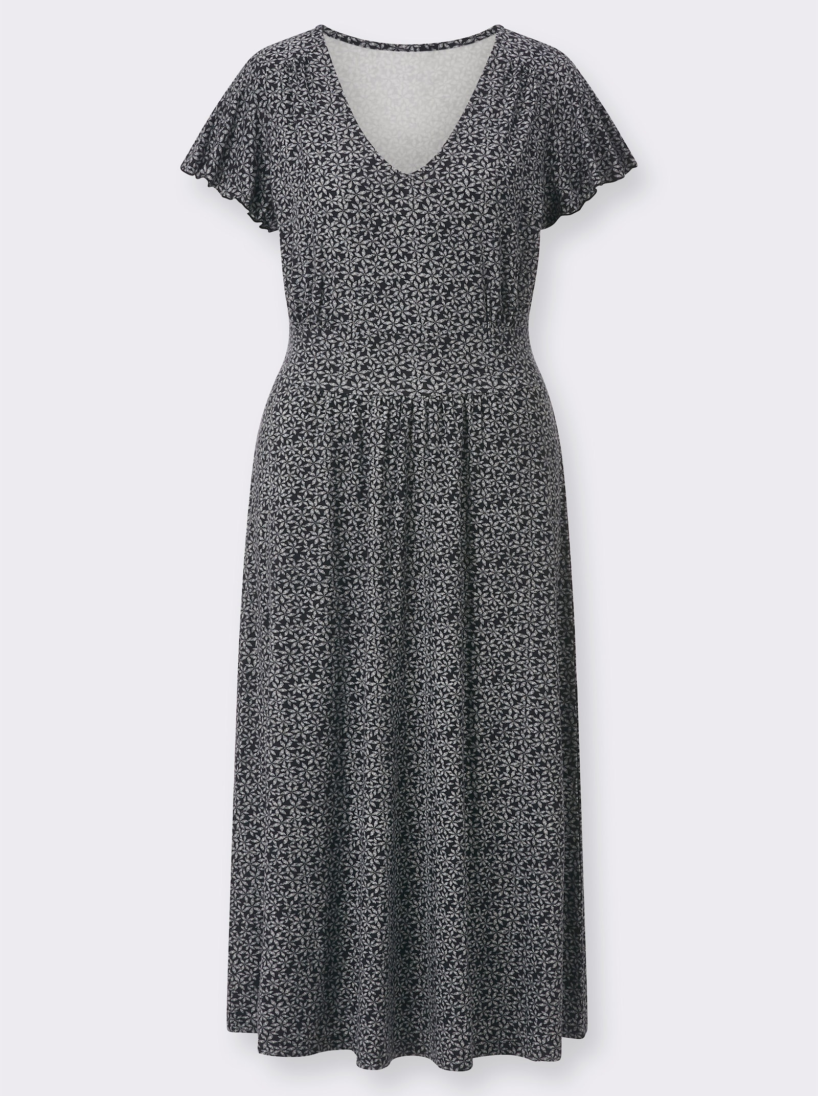 Jerseykleid mit Flügelärmeln und Smokpartie hinten - schwarz-weiß-bedruckt