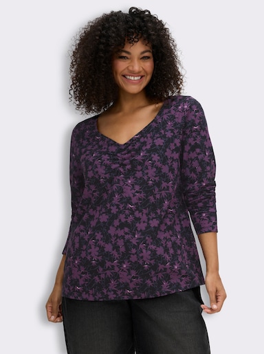 sheego Langarmshirt mit Raffung am Ausschnitt - schwarz-traube-gemustert