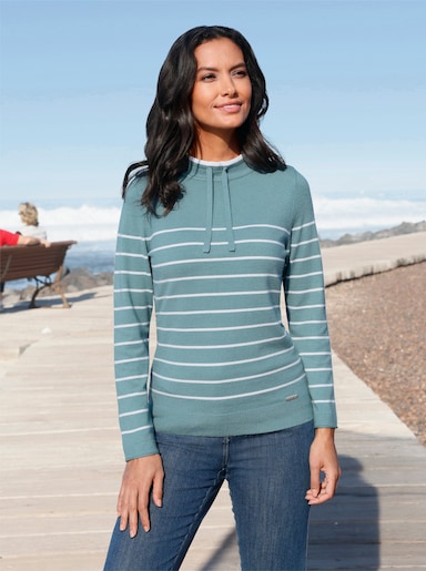 Stehkragenpullover mit sportiven Details - jade-ecru-geringelt
