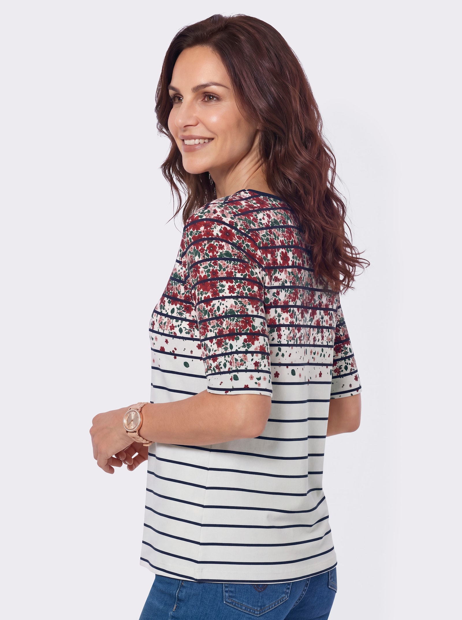 Kurzarmshirt mit Streifen- und Blütenmuster - marine-erdbeere-bedruckt
