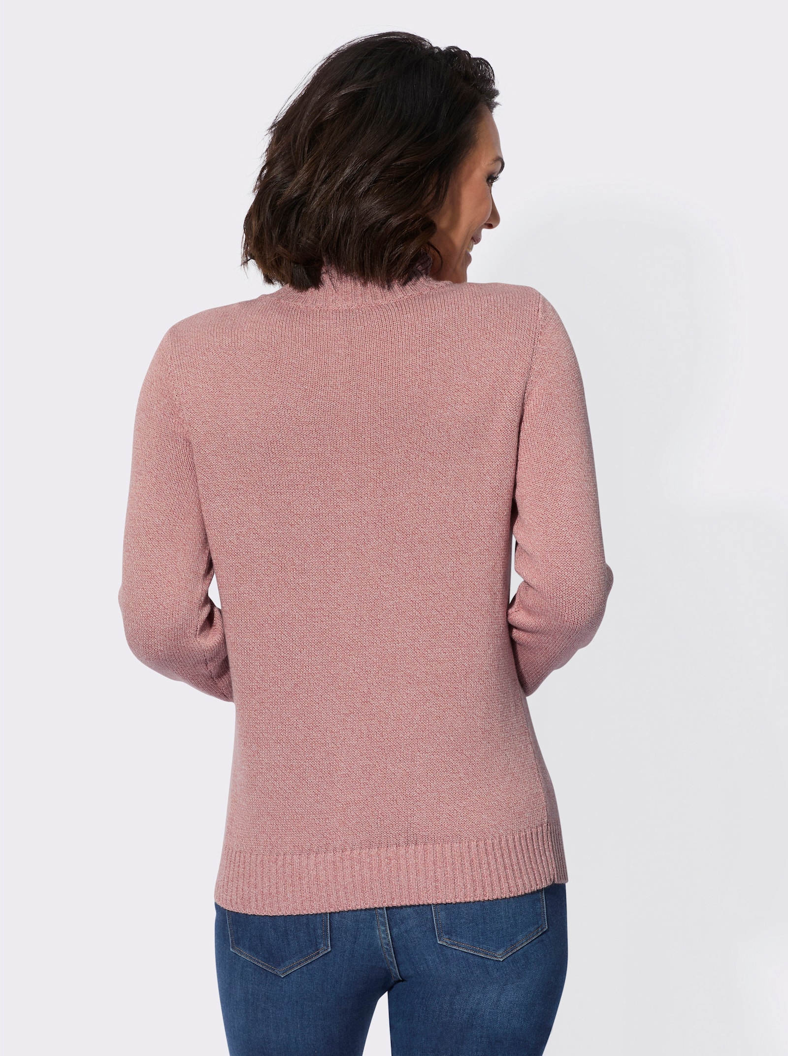 Stehkragenpullover mit Zopfmuster im Vorderteil - rosenholz-ecru-meliert