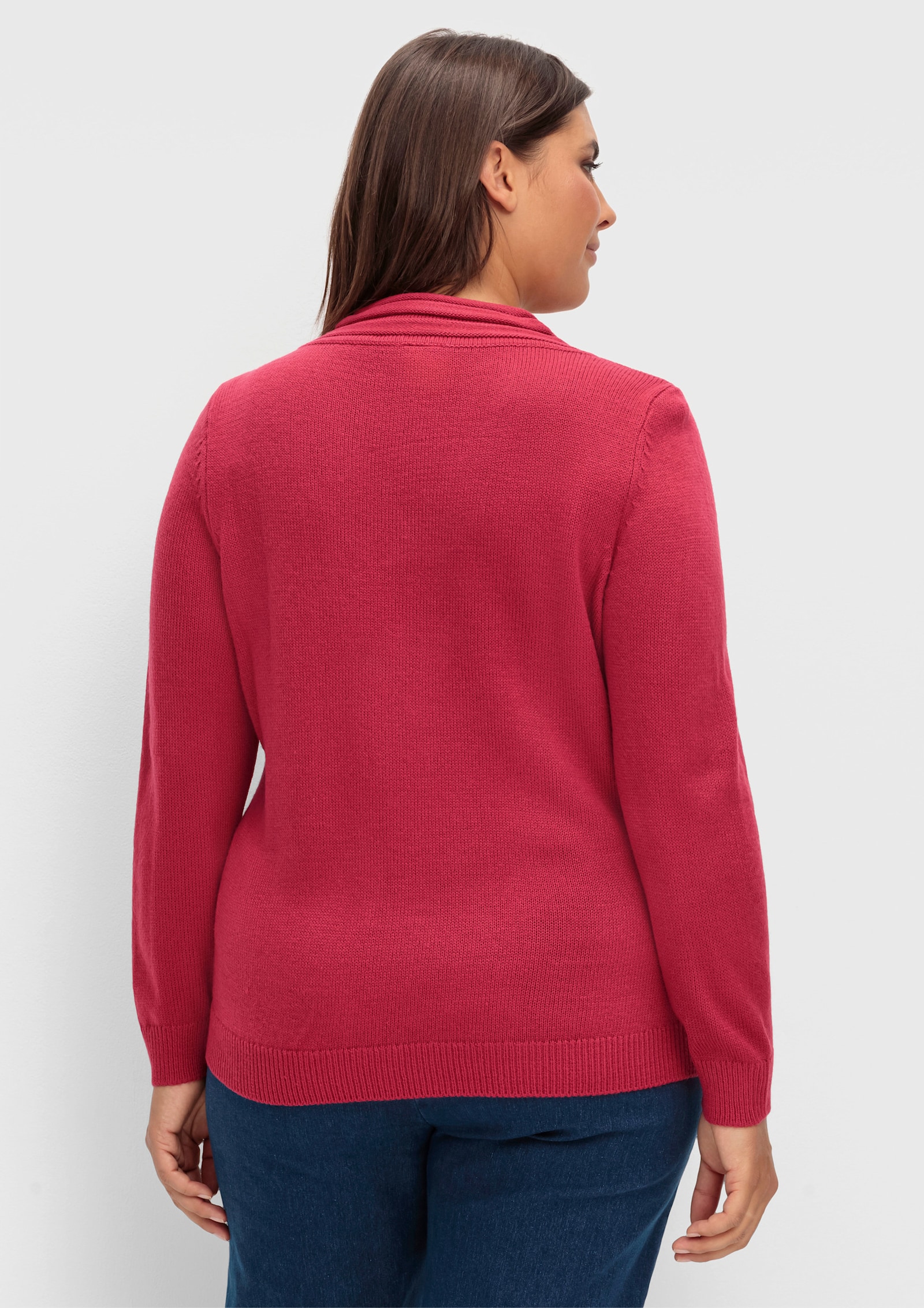 V-Ausschnitt-Pullover mit Rollkante - himbeere