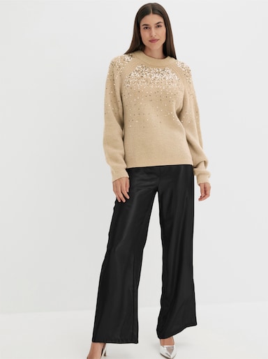 Langarm-Pullover mit Pailletten-Verzierung - sand