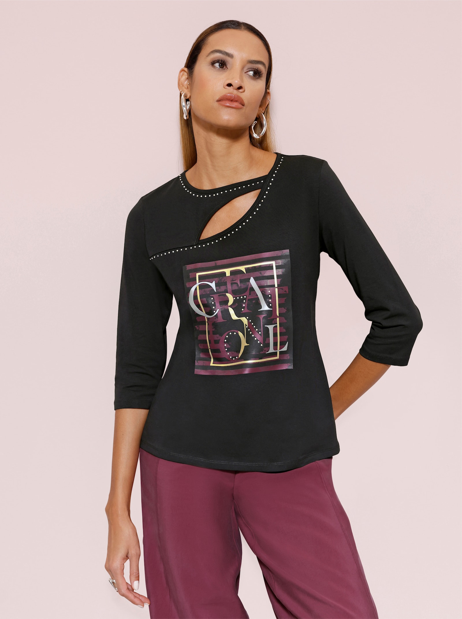 3/4-Arm-Shirt mit Foliendruck - schwarz-goldfarben-bedruckt