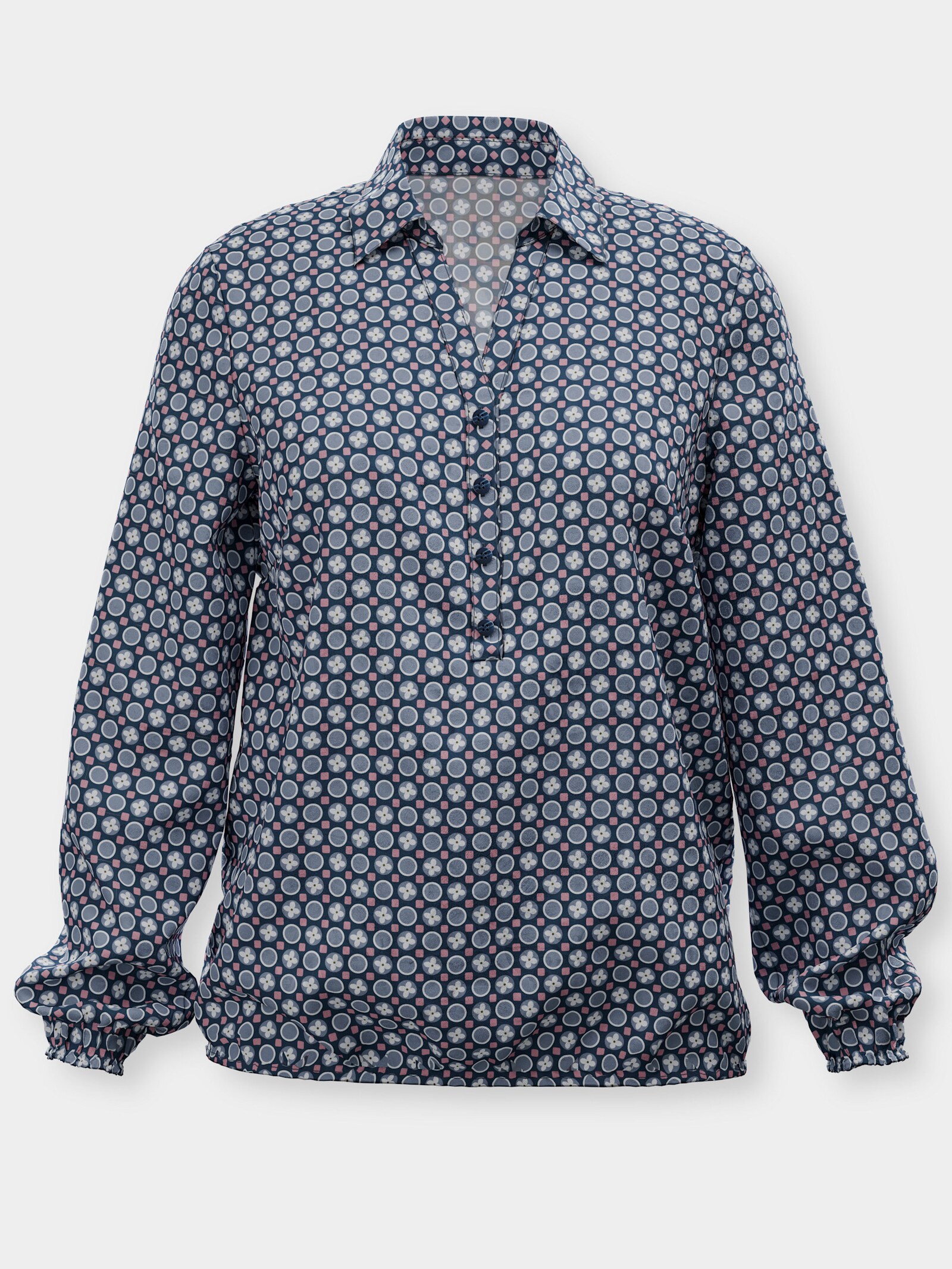 Schlupfbluse mit Gummibündchen - dunkelblau-taubenblau-bedruckt