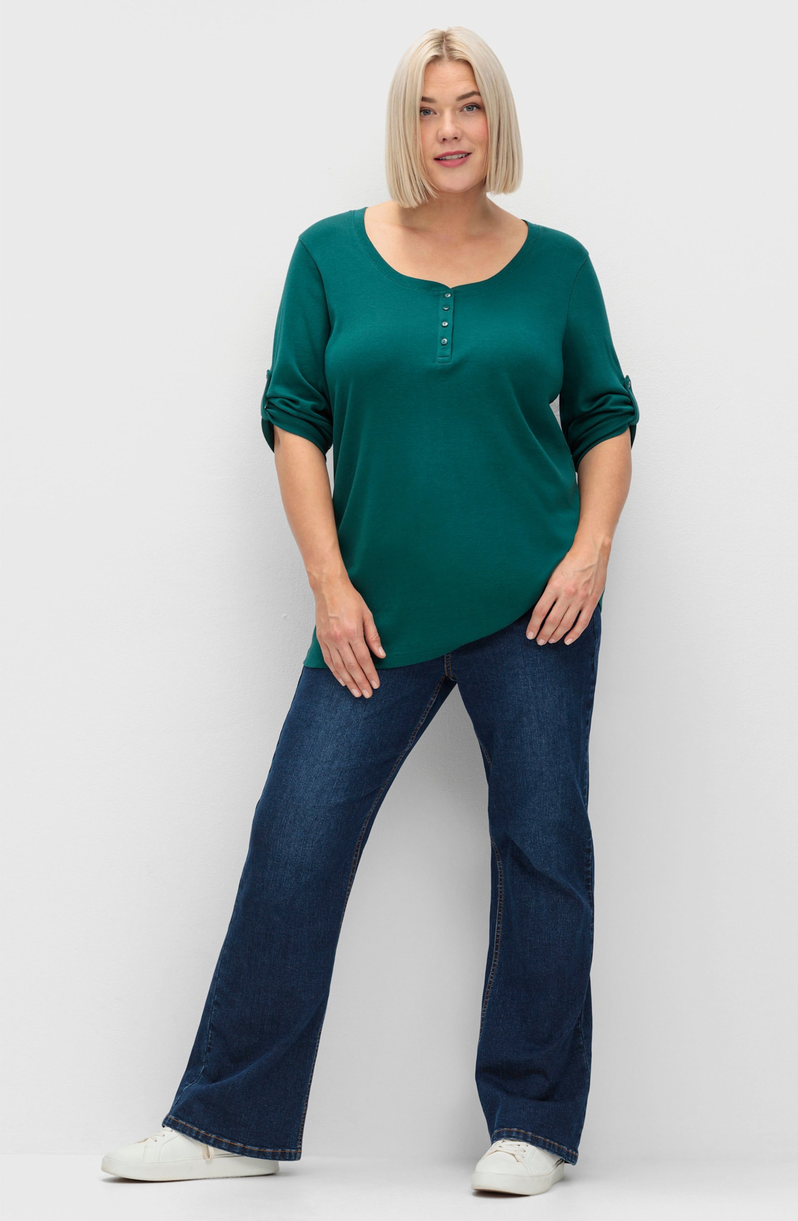 sheego Shirt met 3/4-mouwen en Henley-kraag - petrol