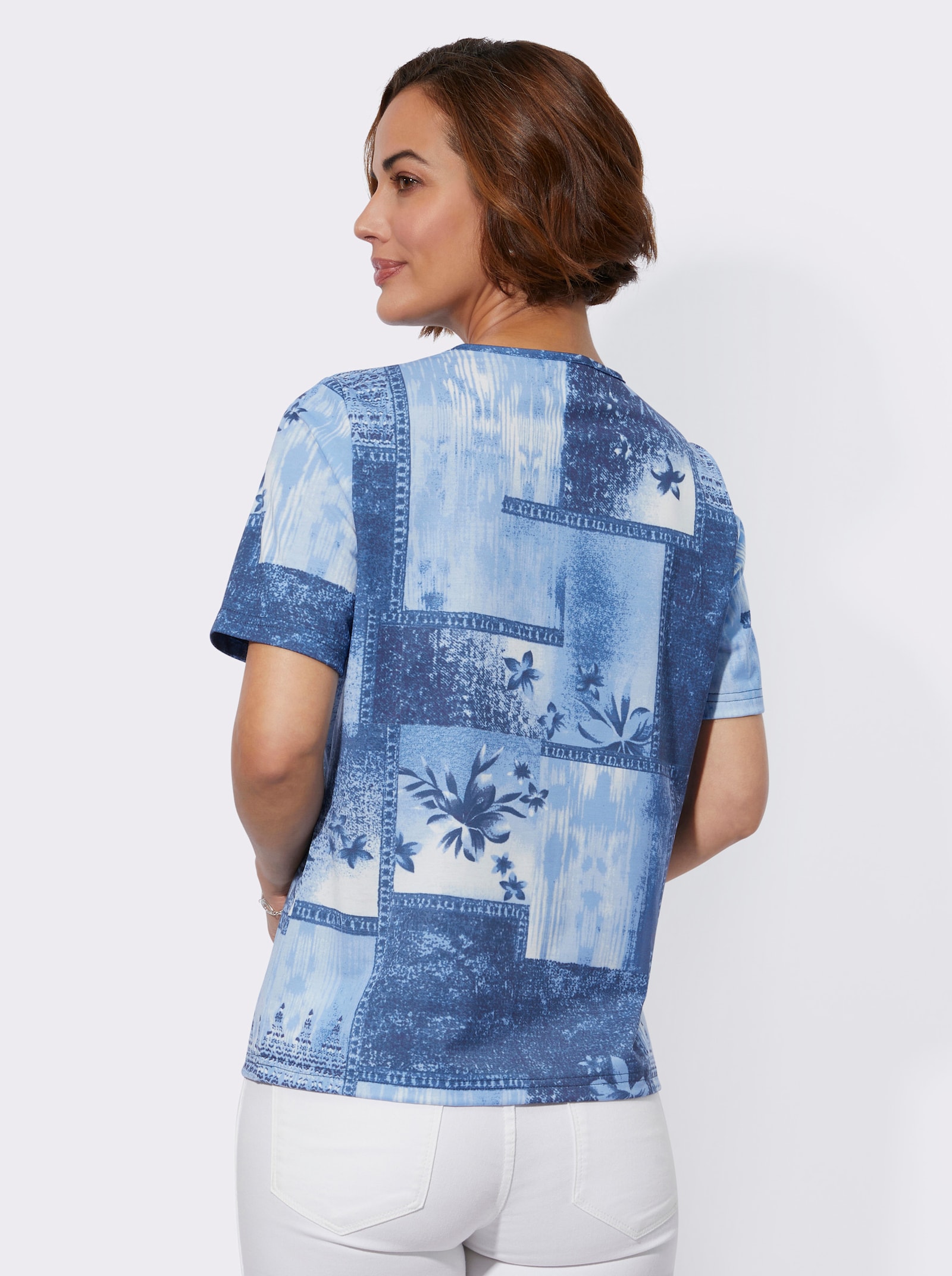 Shirt met ronde hals in grafisch patchworkdessin - hemelsblauw/marine bedrukt