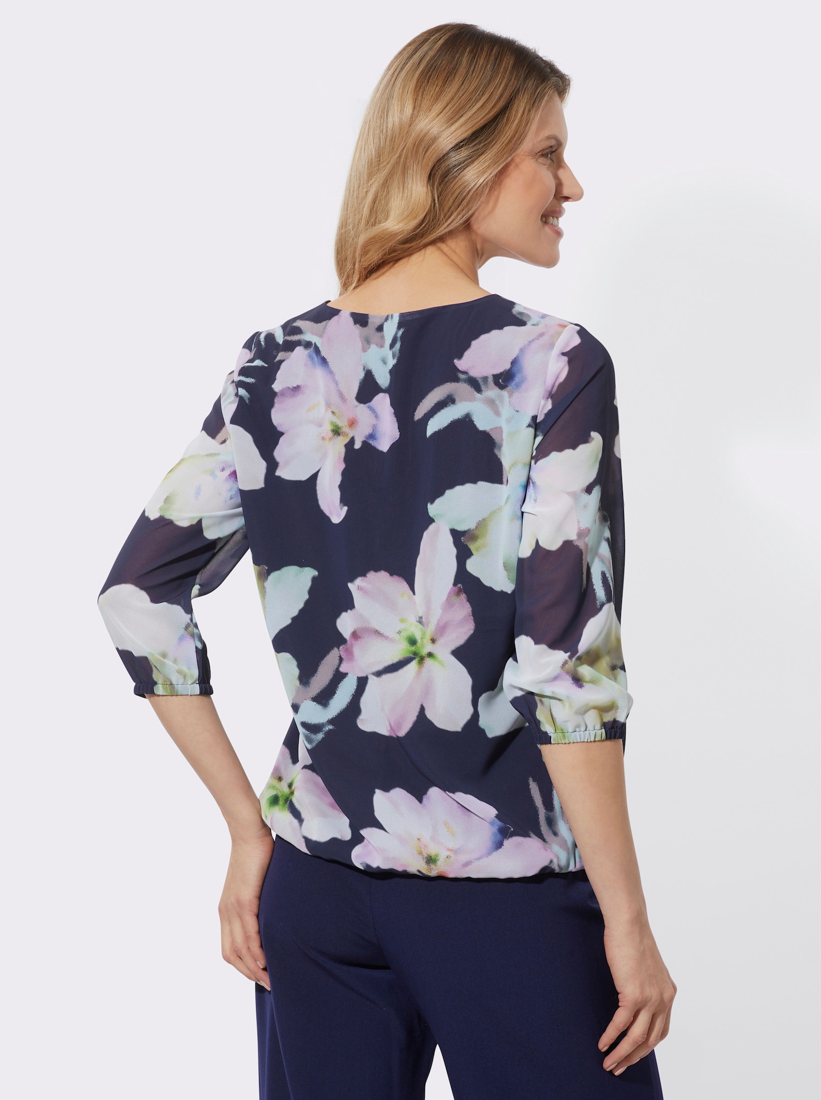 Georgettebluse mit elastischen Abschlüssen - marine-kalkmint-bedruckt