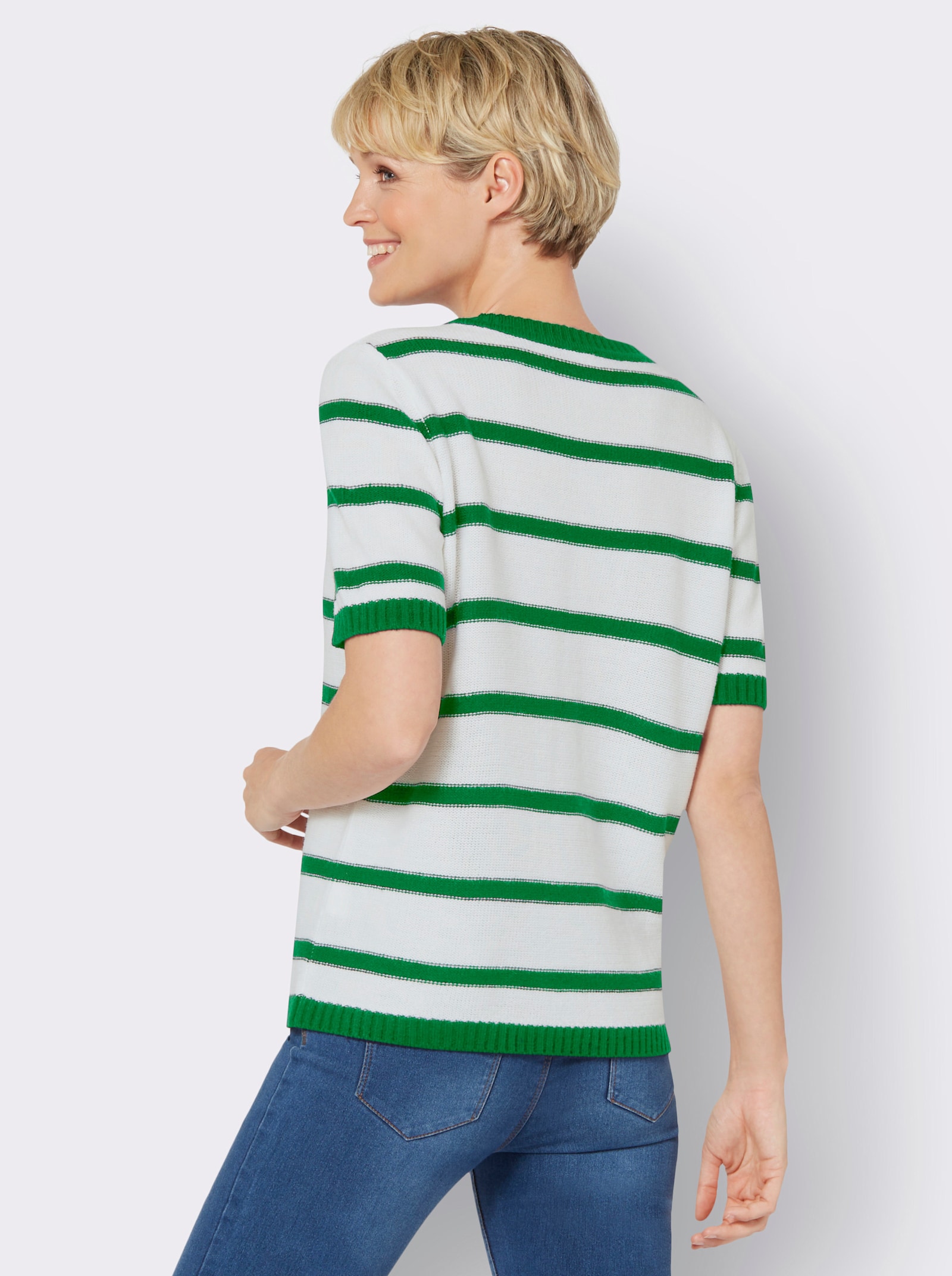 Pullover met korte mouwen en kabelpatroon - grasgroen/wit gestreept