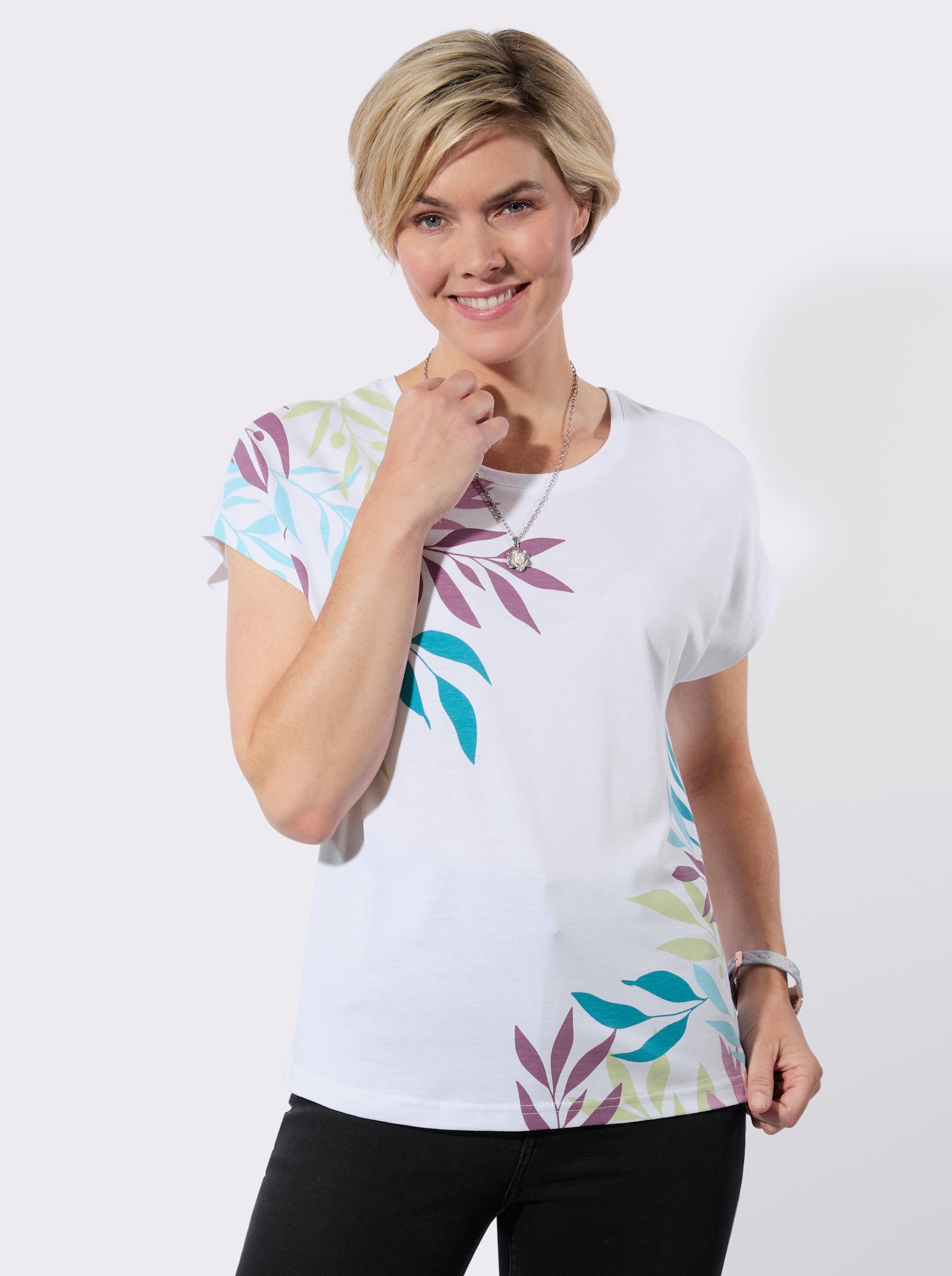 Rundhalsshirt mit floralem Muster - weiß-aquamarin-bedruckt