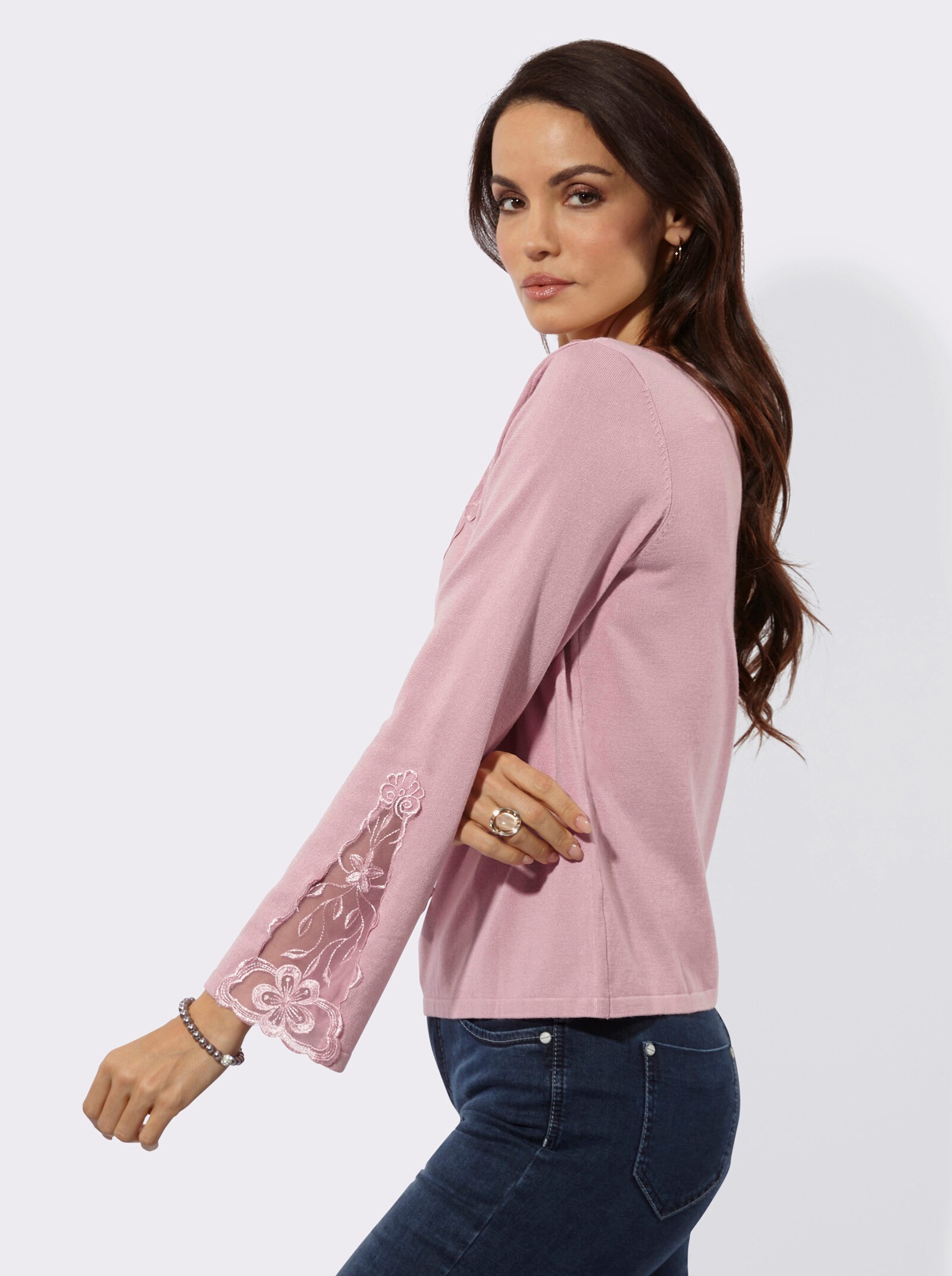 Feinstrickpullover mit Spitzen-Details - hortensie