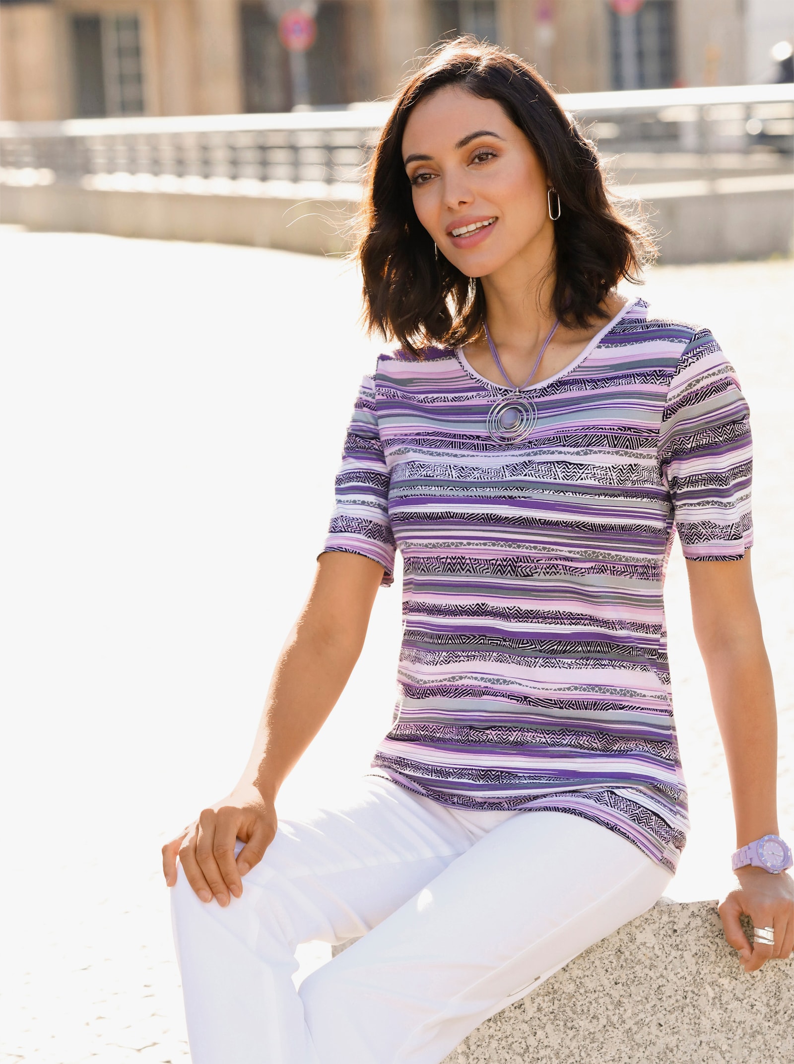 T-Shirt im Baumwoll-Modal-Mix - lila-flieder-gemustert