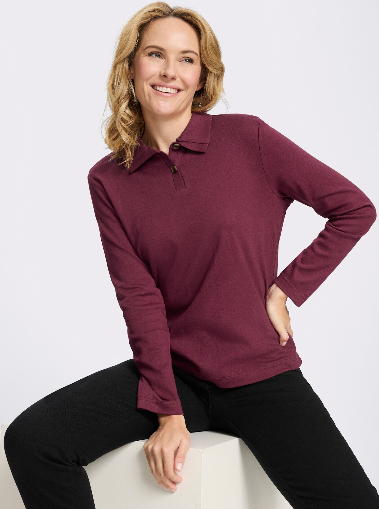 Langarmshirt mit Knöpfen in Horn-Optik - bordeaux