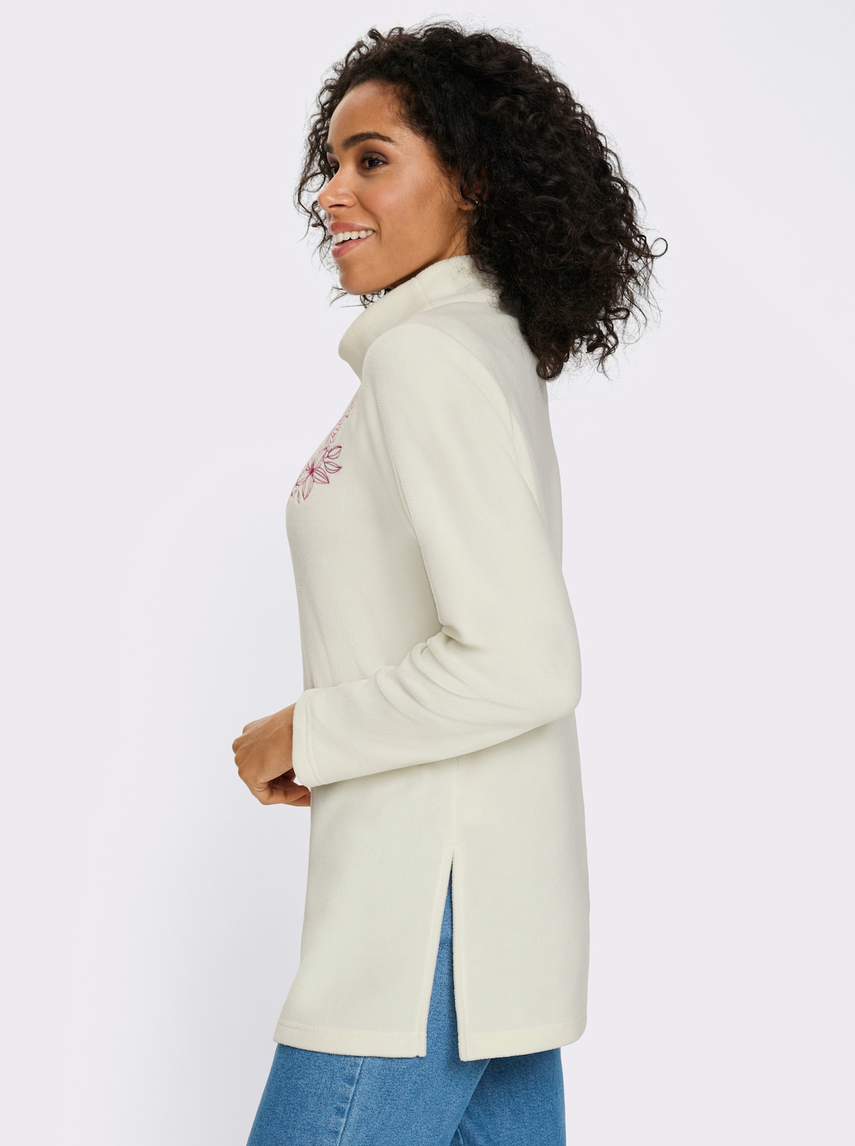 Fleeceshirt in Longform mit Stehkragen - ecru