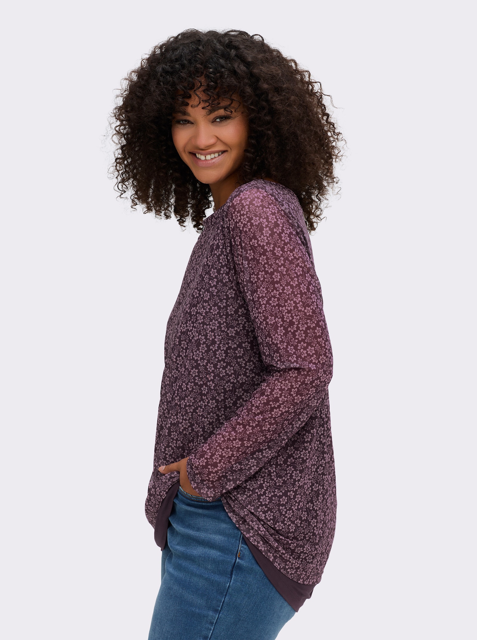 sheego Shirt met lange mouwen van mesh, met bloemetjesprint - aubergine/mauve bedrukt