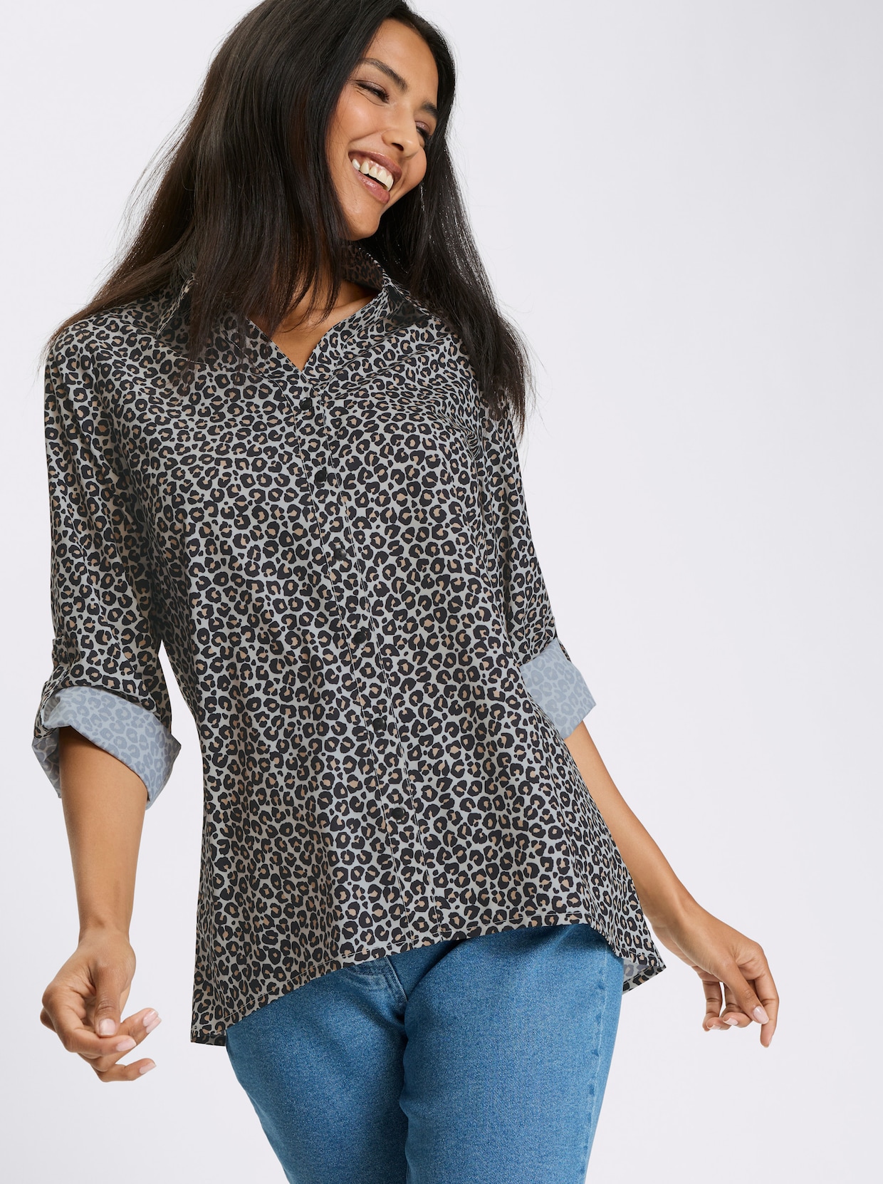 Longbluse - sand-schwarz-bedruckt