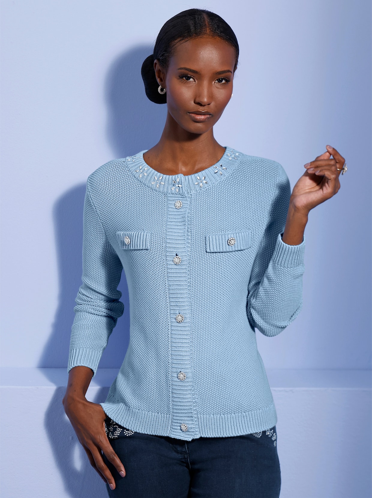 Cardigan in mix van katoen en modal - ijsblauw