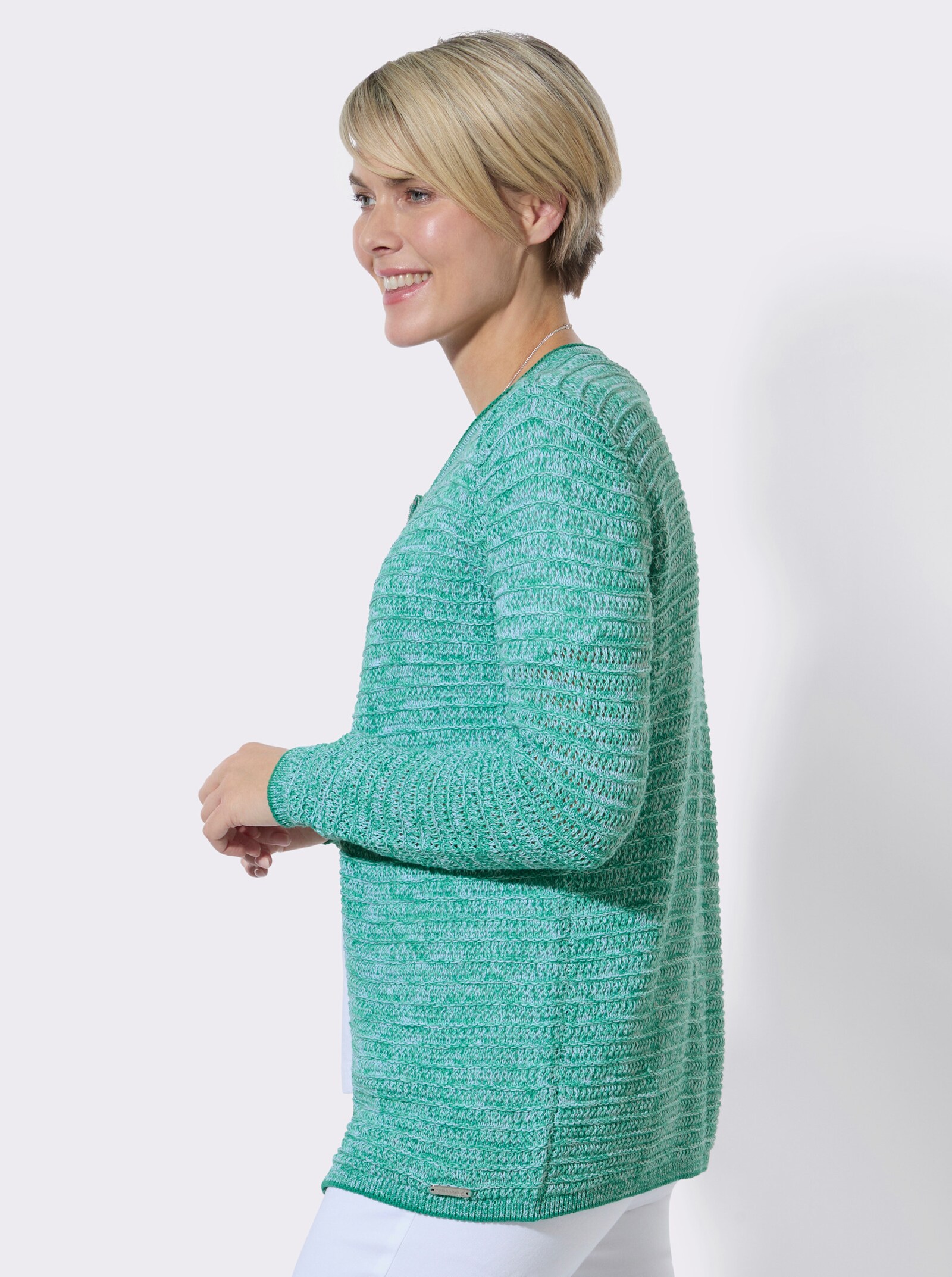 Strickjacke im Ajourmuster - smaragd-meliert