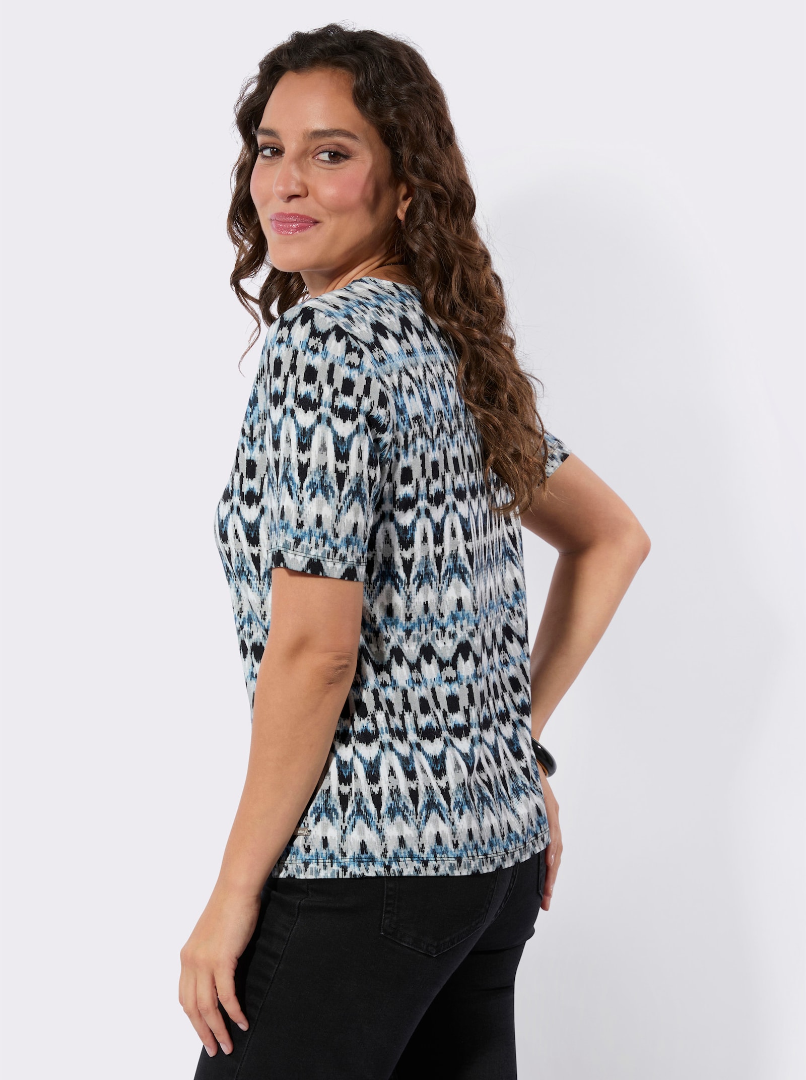 Kurzarmshirt im Viskose-Elasthan-Mix - hellblau-marine-bedruckt