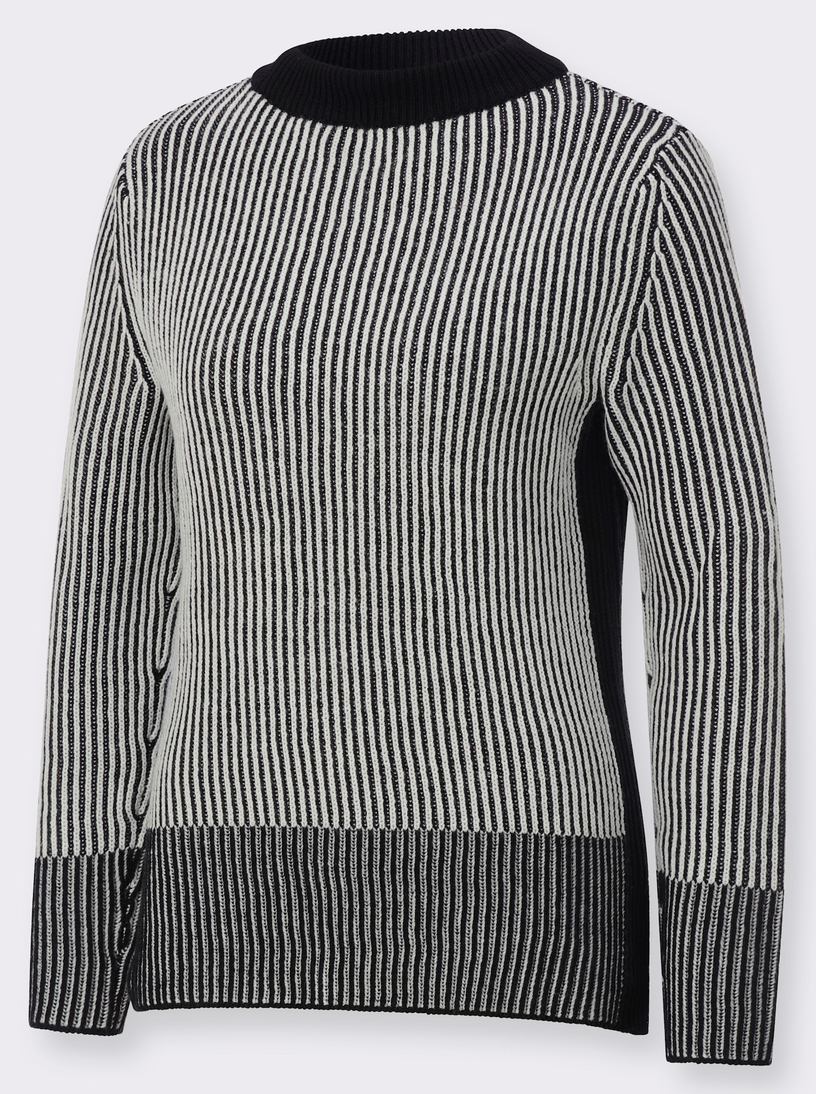 Rundhalspullover im modernen Rippenstrick - ecru-schwarz