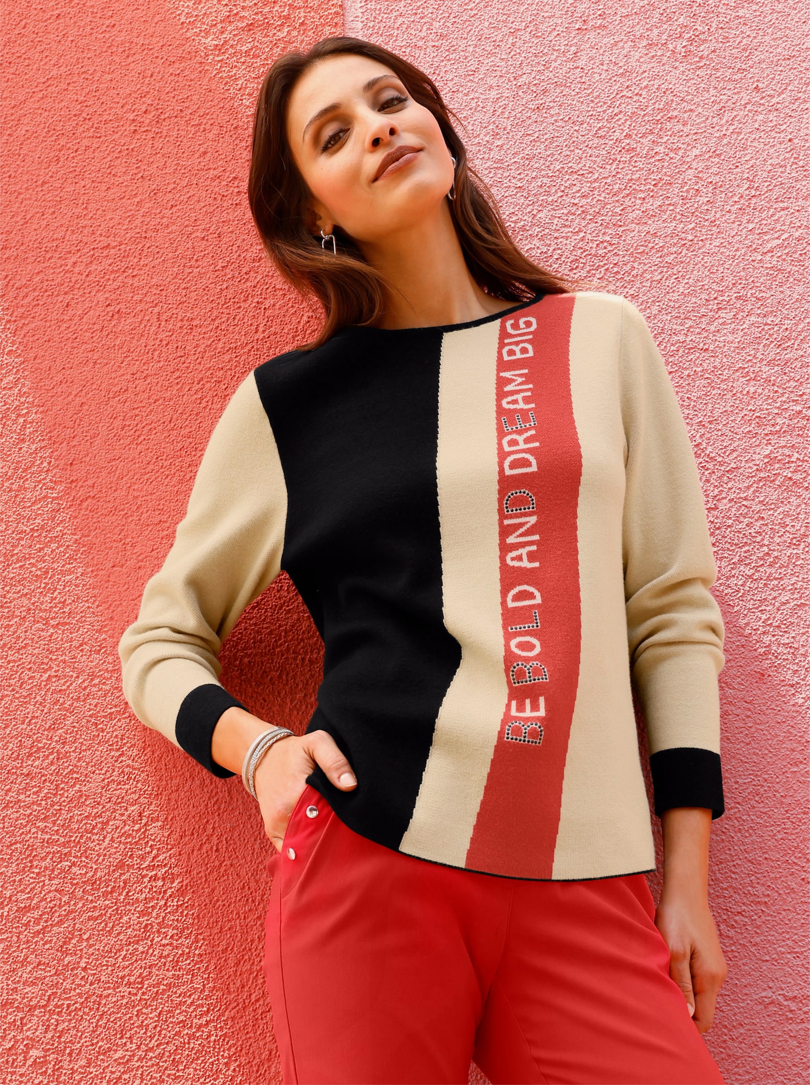 Pull à manches longues avec dos uni - noir-sable à motifs