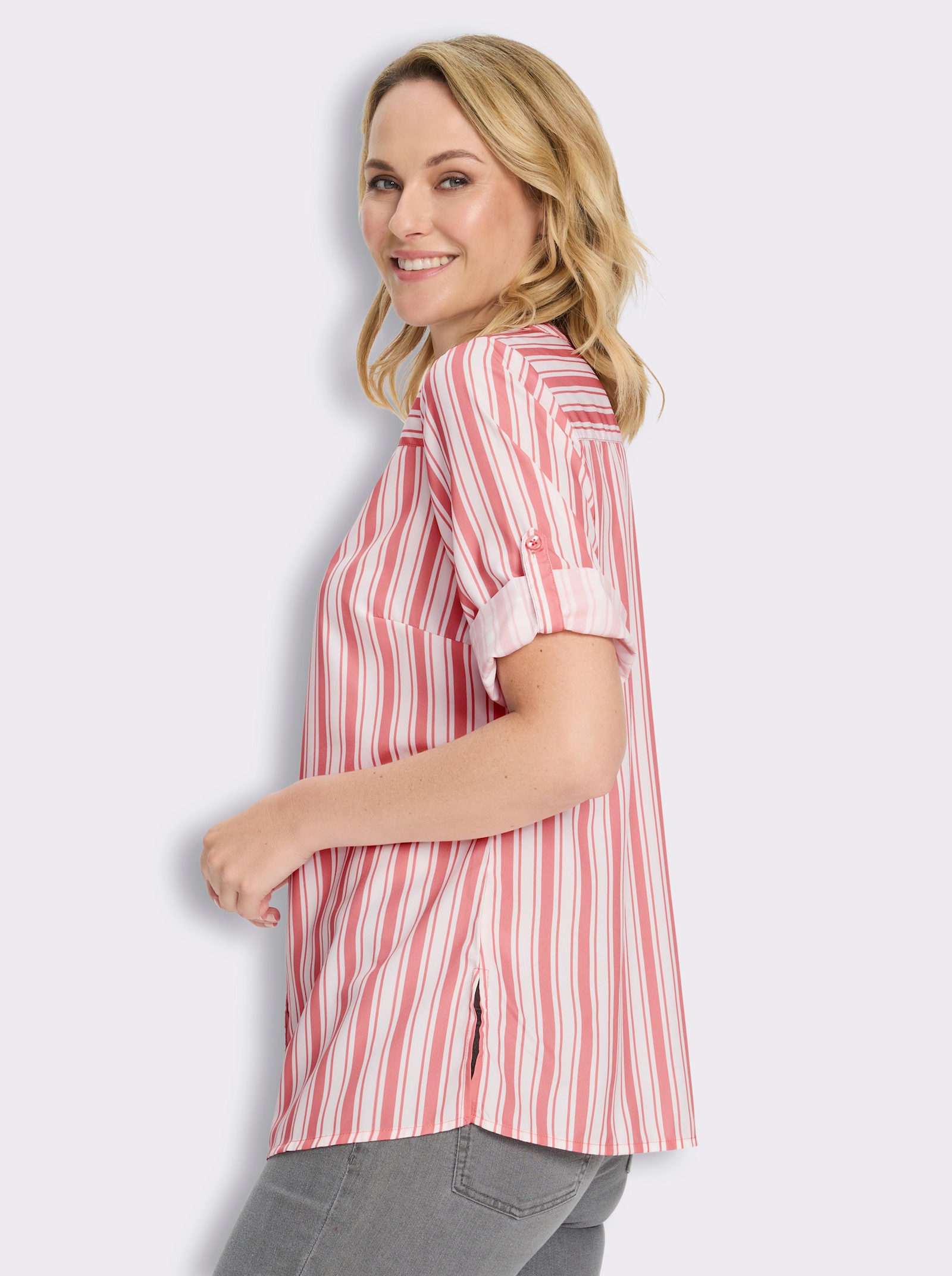 Longbluse mit vertikalem Streifenmuster - flamingo-weiß-gestreift