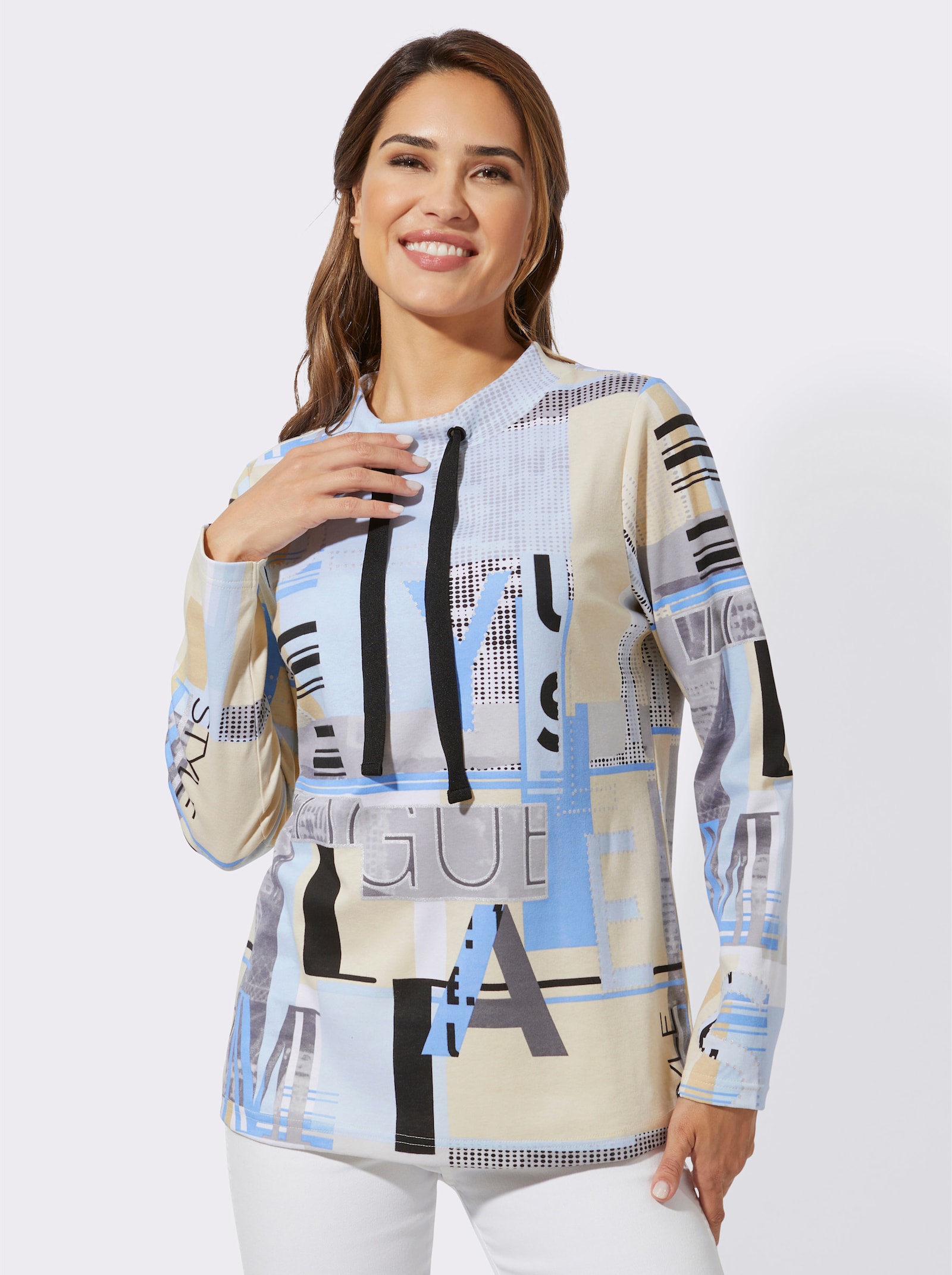 Sweatshirt med folietryck - himmelsblå-ecru, med tryck