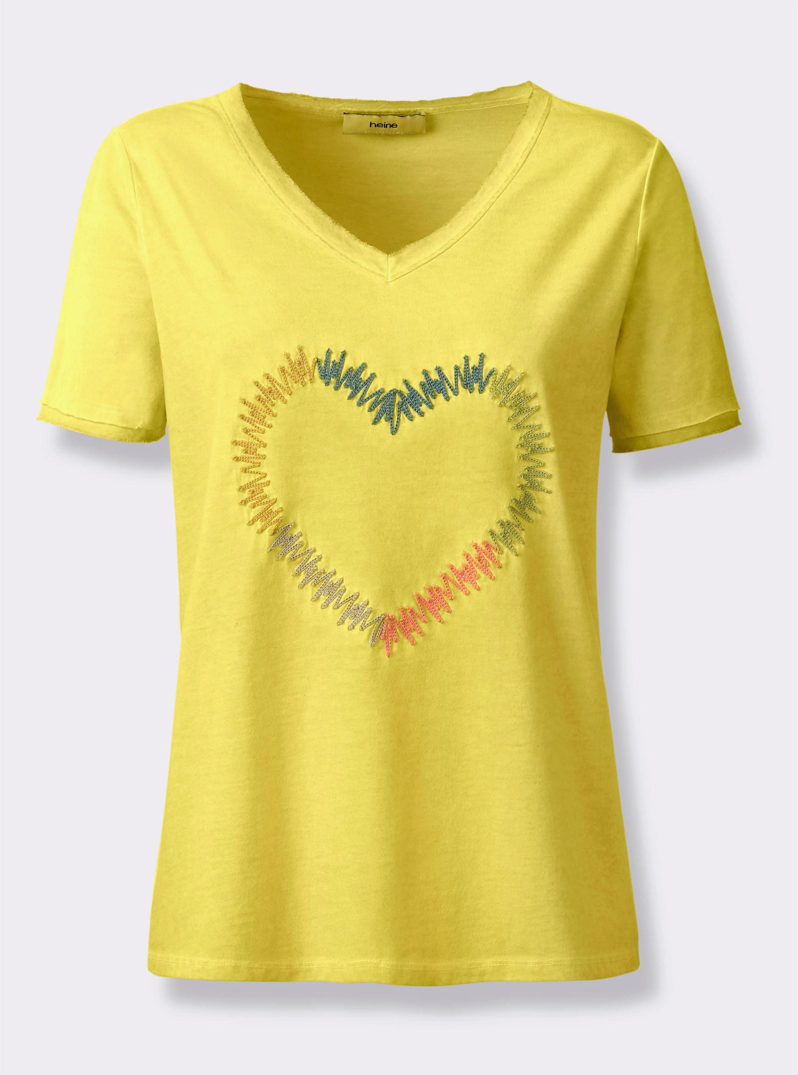 heine T-Shirt mit Herz-Stickerei - limone