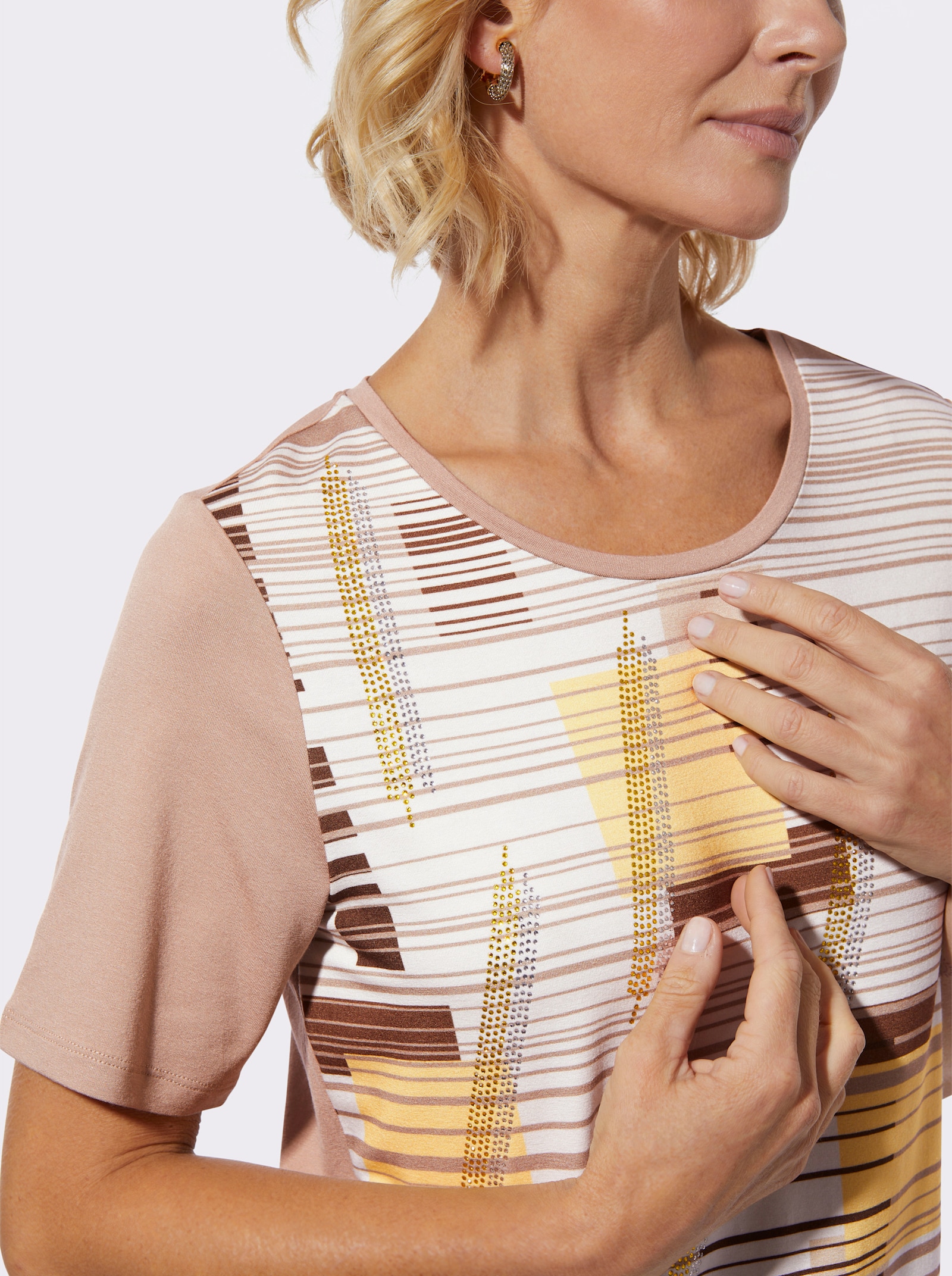 Rundhalsshirt mit Glitzersteinchen - sesam-ecru-bedruckt