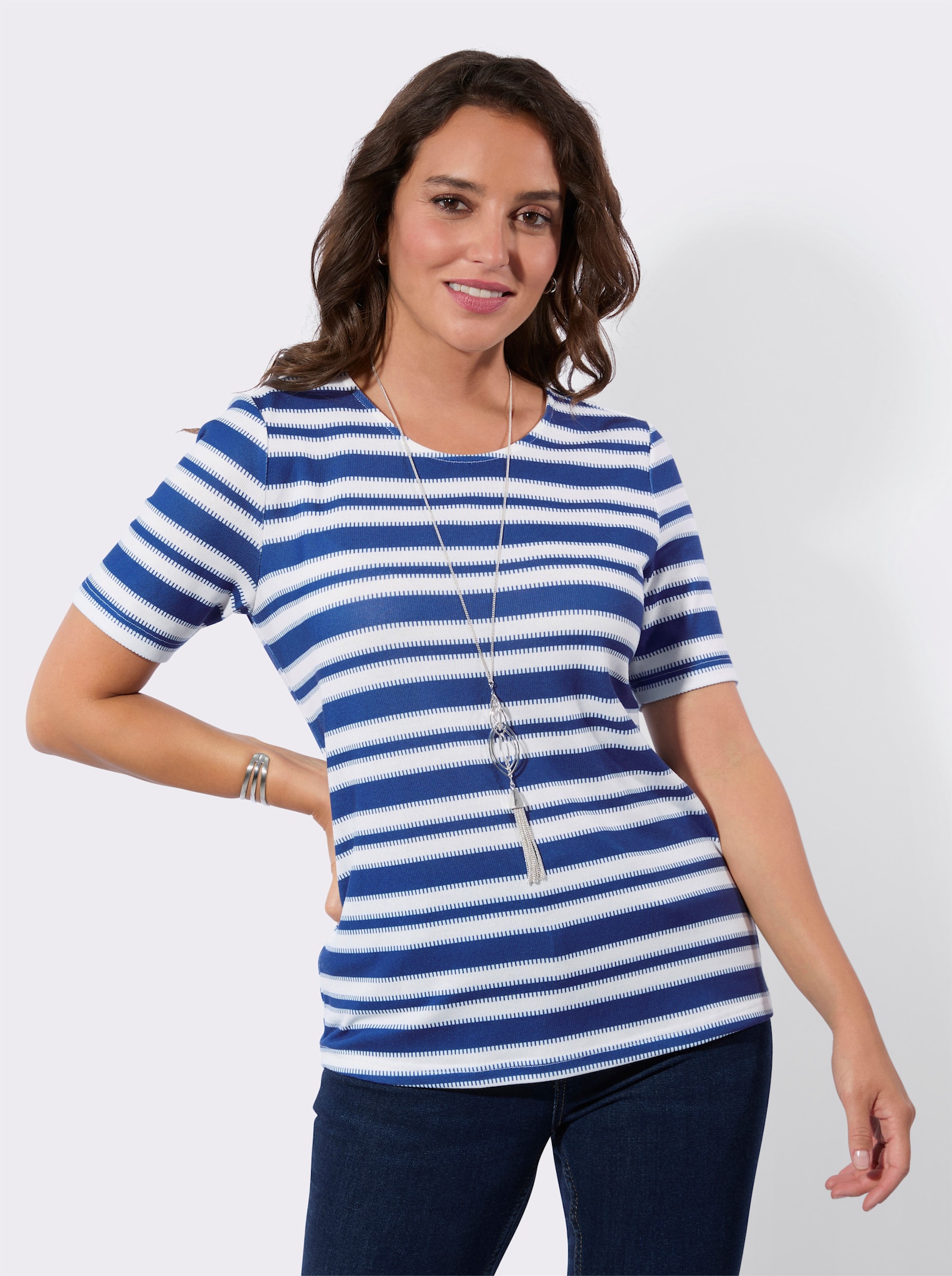 Kurzarmshirt in innen angerauter Qualität - jeansblau-weiß-geringelt