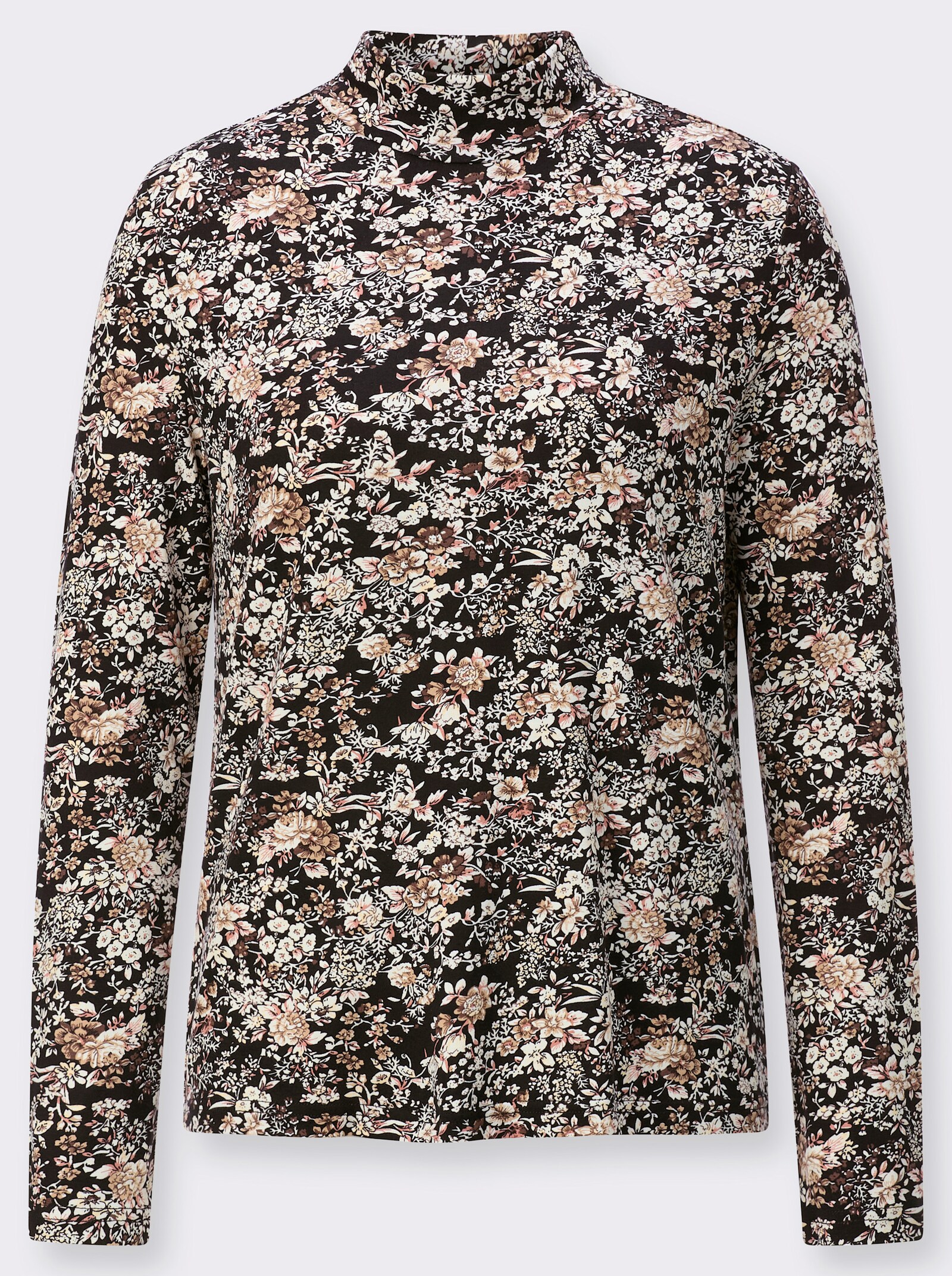 Stehkragenshirt im Blümchenmuster - camel-schwarz-bedruckt