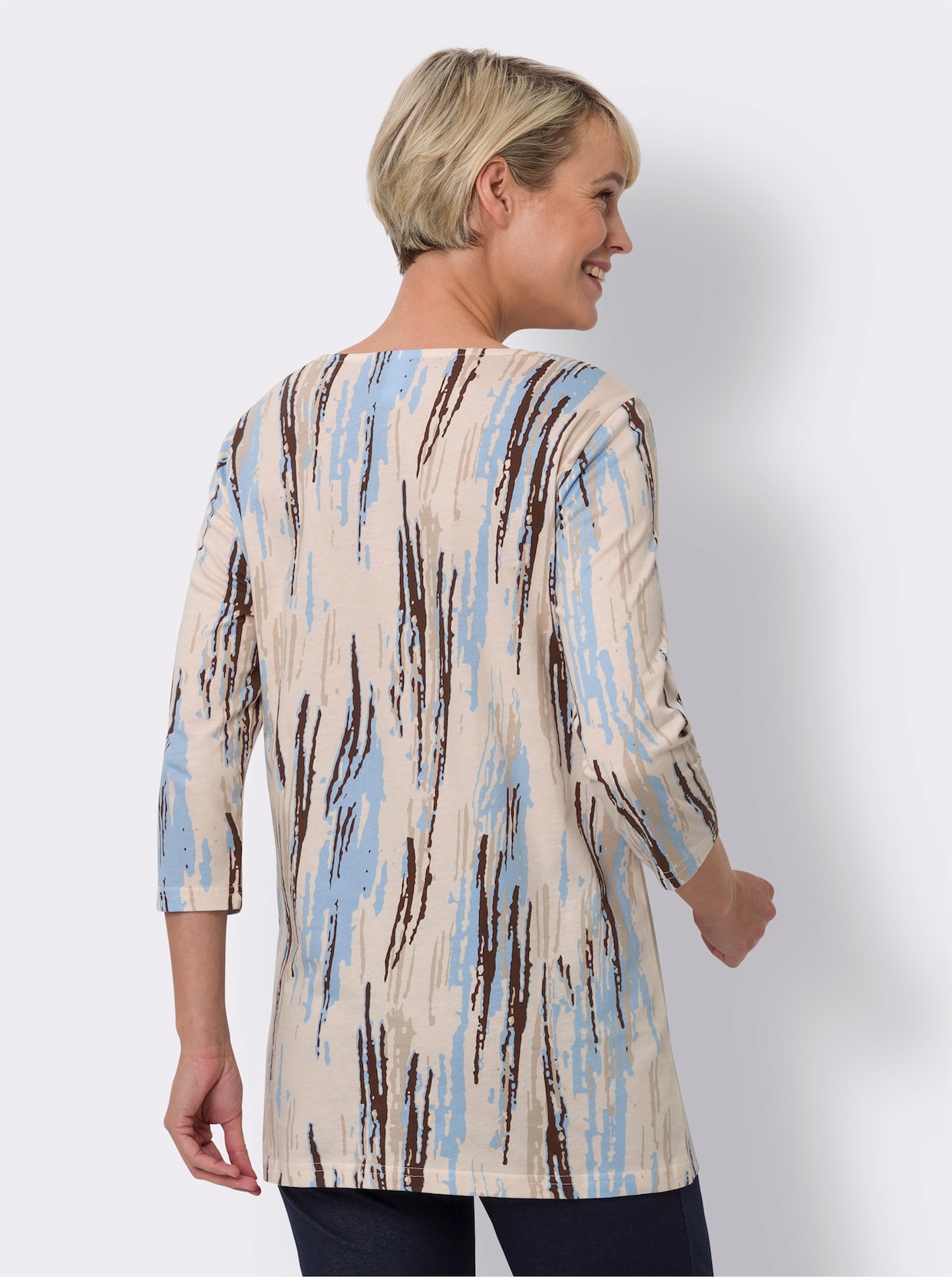 Lang shirt - chocolade/ijsblauw bedrukt