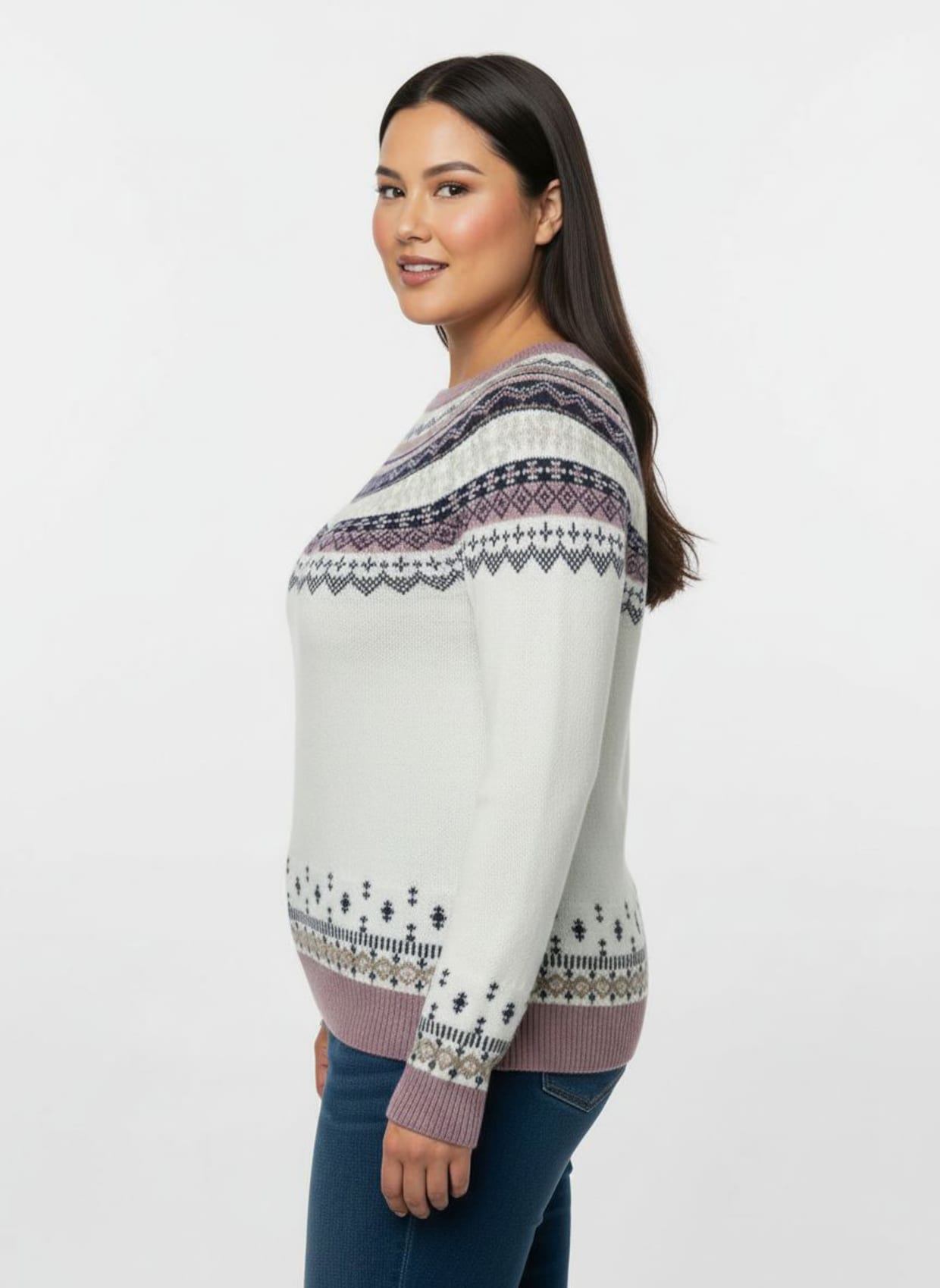 Norwegerpullover mit Raglan-Ärmeln - ecru-mauve-gemustert