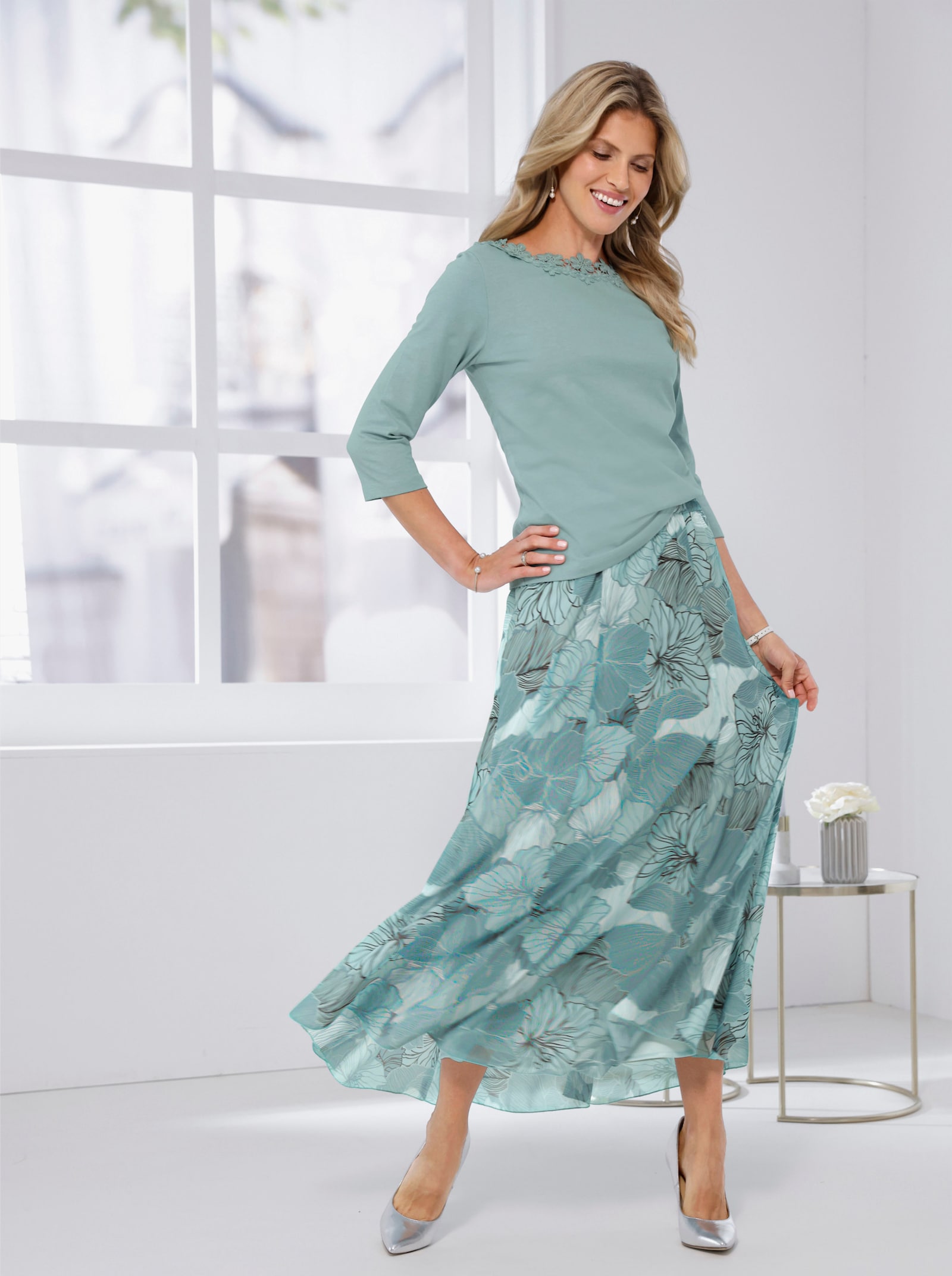 Navlékací sukně s neprůhlednou podšívkou - limetkovo-mátová-nefritová-potisk